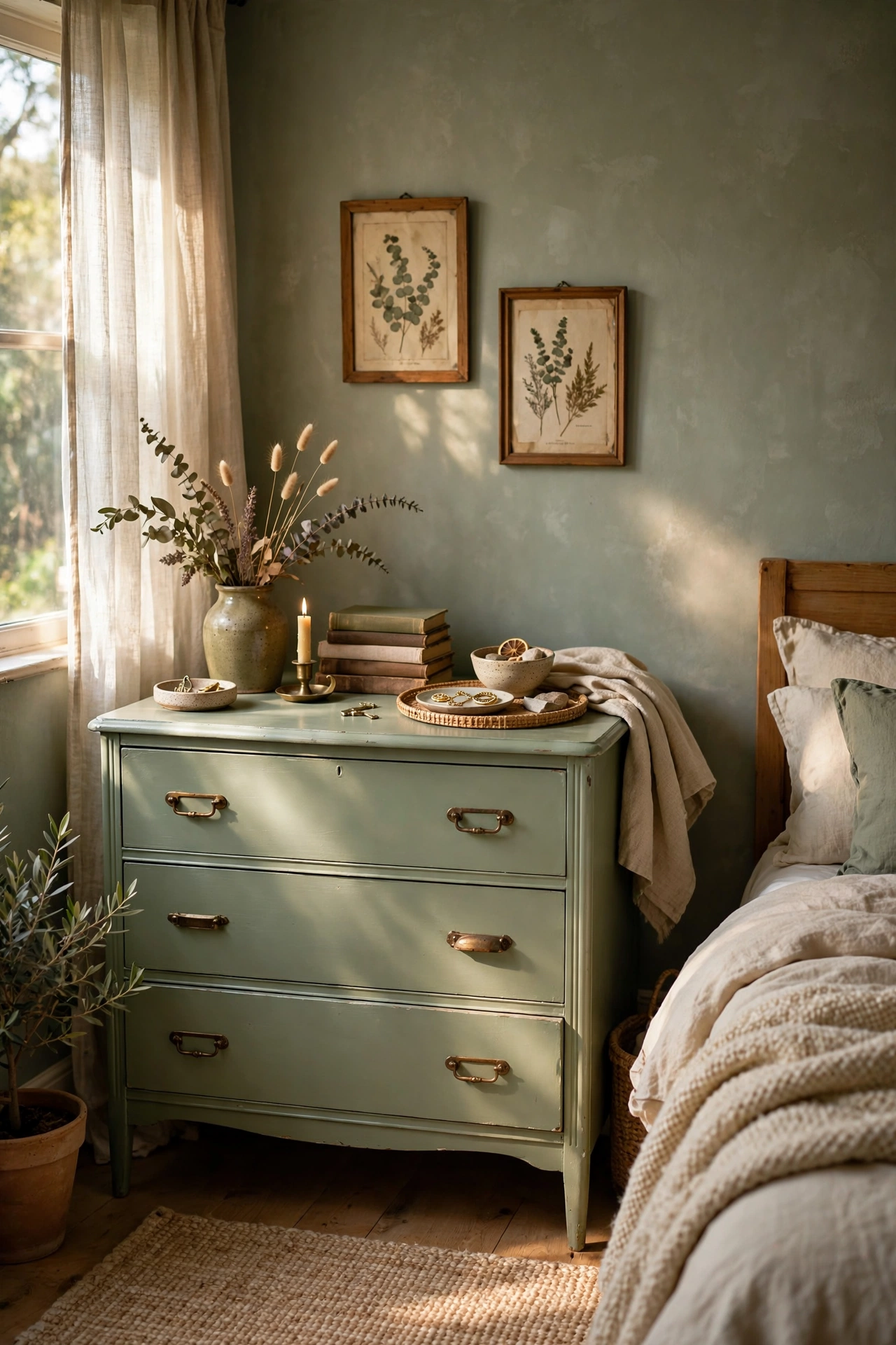 Thrifted dresser painted sage green with brass pulls in a bedroom