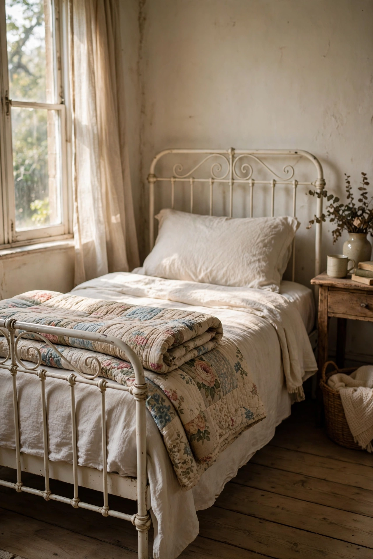 Vintage floral quilt folded at the foot of a cottagecore bed