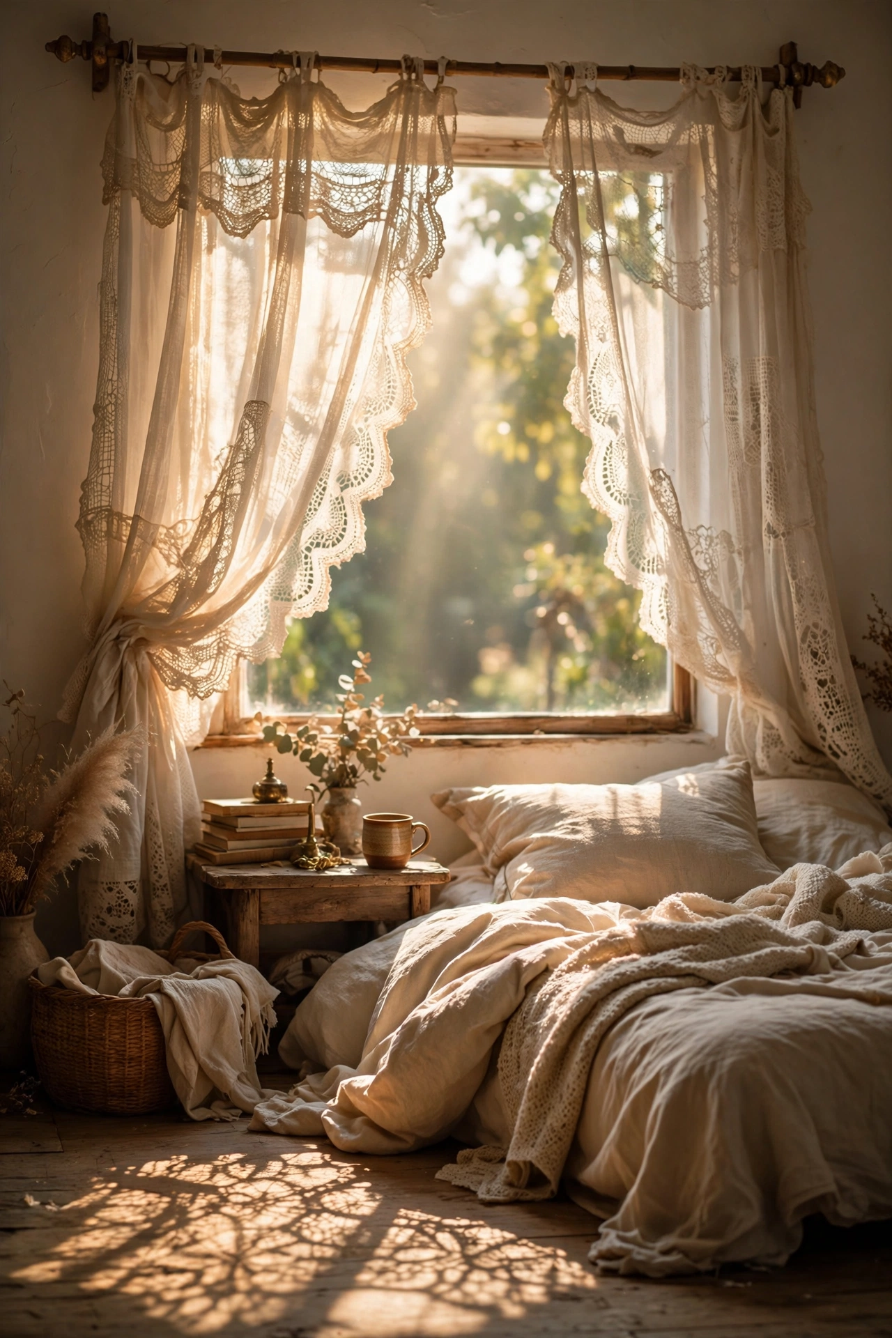 Thrifted lace curtain panels filtering light in a bedroom