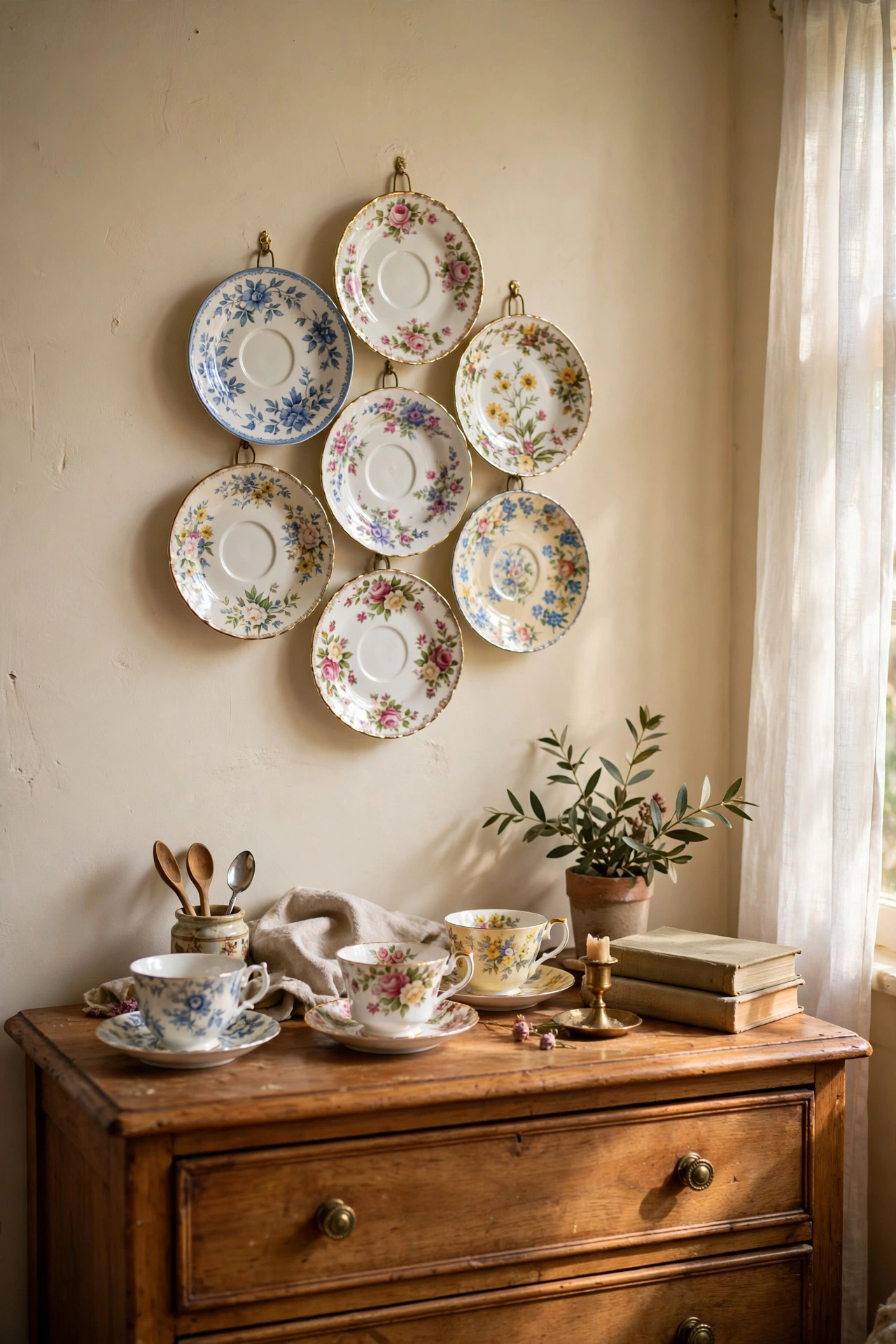 Mismatched floral china saucers hung above a bedroom dresser
