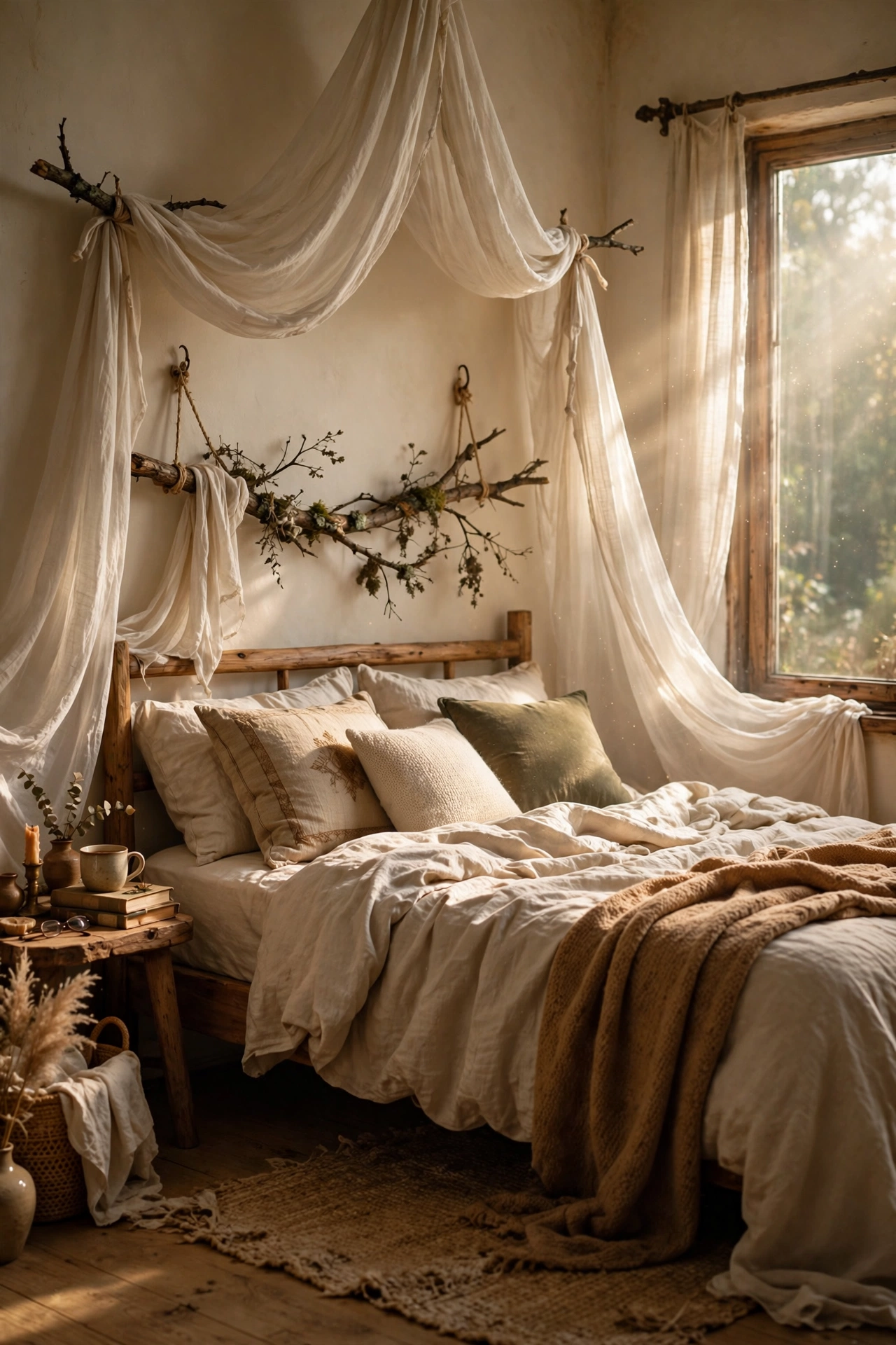 Foraged branch with draped muslin forming a canopy over a bed