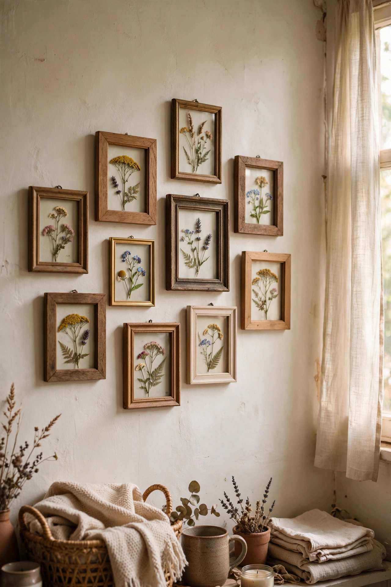 Pressed wildflowers arranged in thrifted frames on a bedroom wall