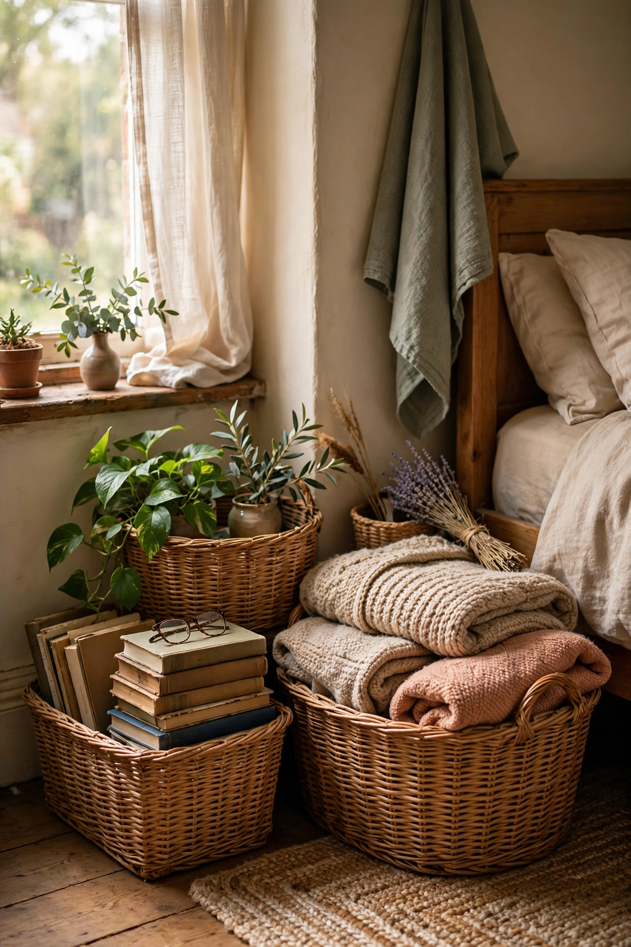 Thrifted wicker baskets in various sizes organizing a bedroom