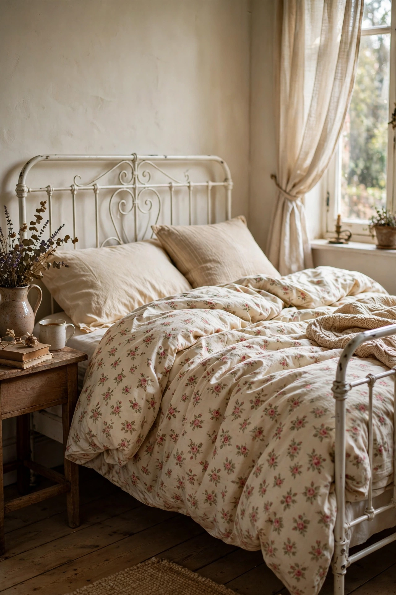 Vintage ditsy floral duvet cover on a cottagecore bed