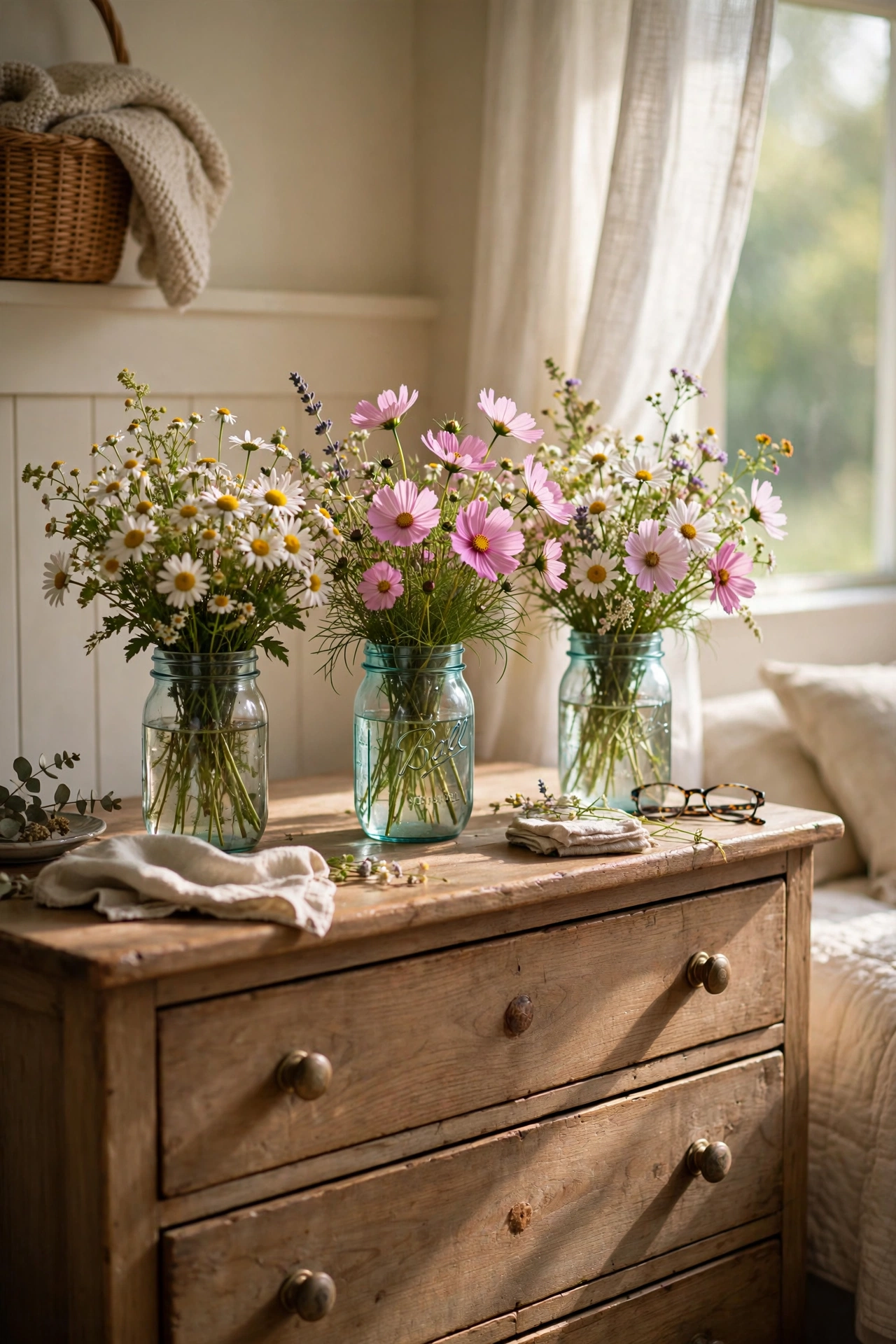 Mason jars with wildflowers on a bedroom dresser