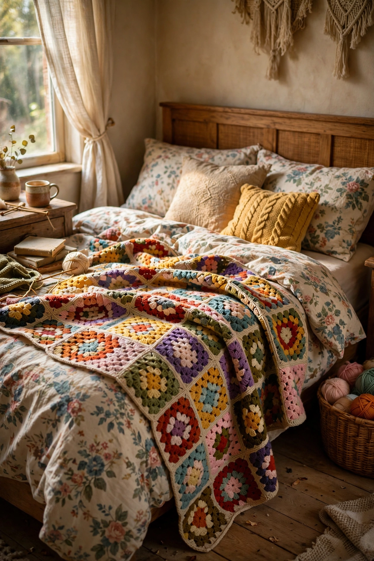 Handmade granny-square crocheted afghan draped over a bed