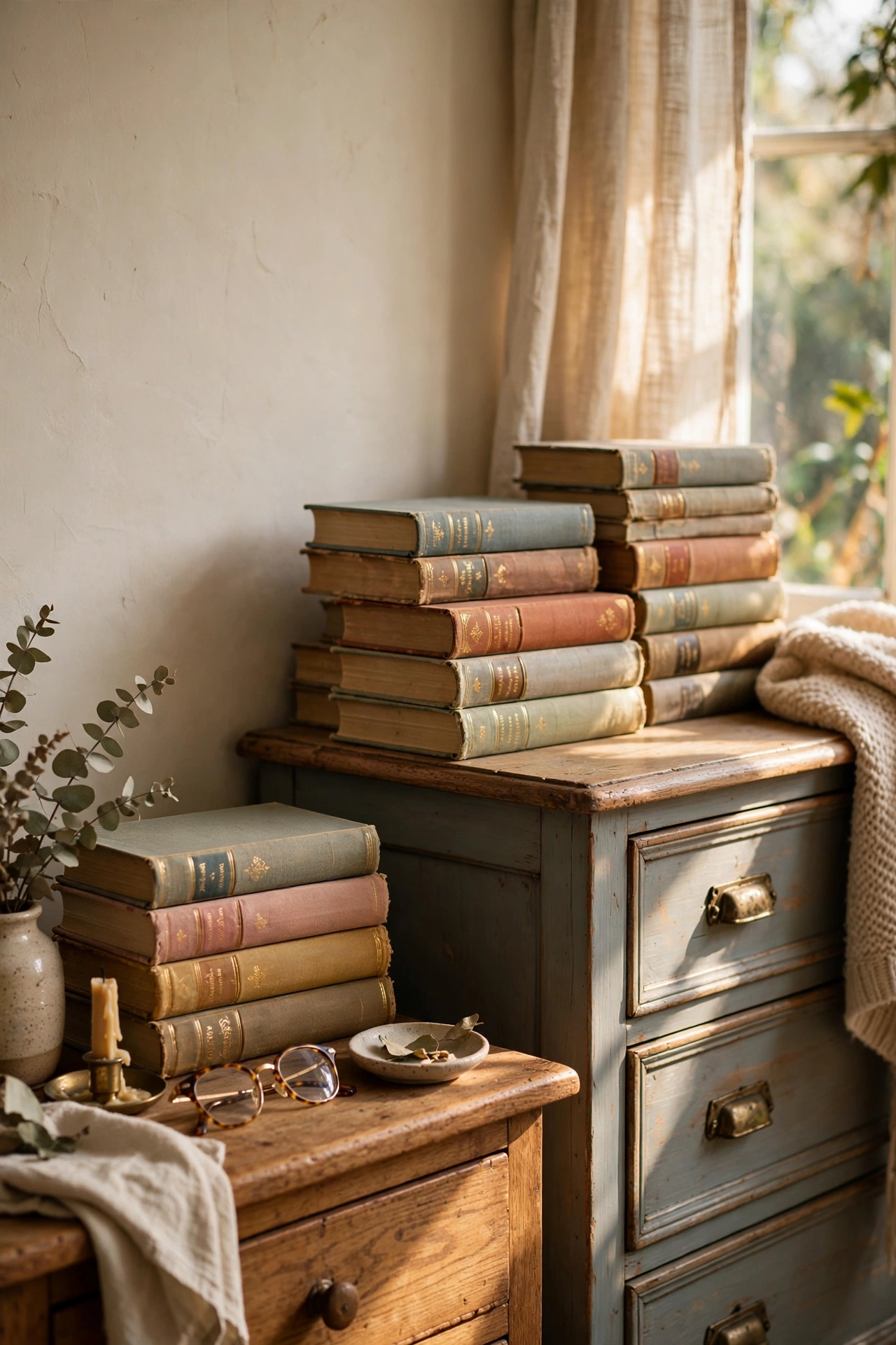 Stacks of vintage cloth-bound books decorating bedroom surfaces