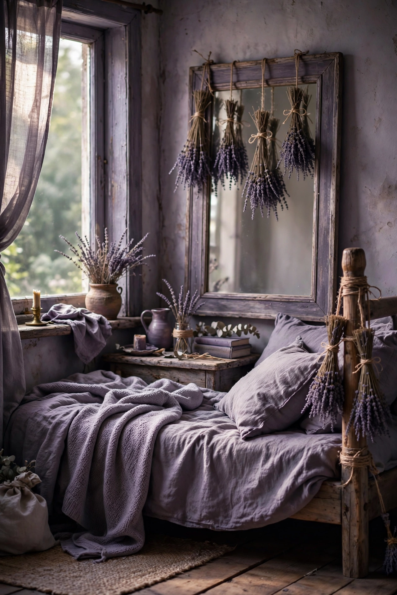Dried lavender bundles tied with twine hanging in a bedroom