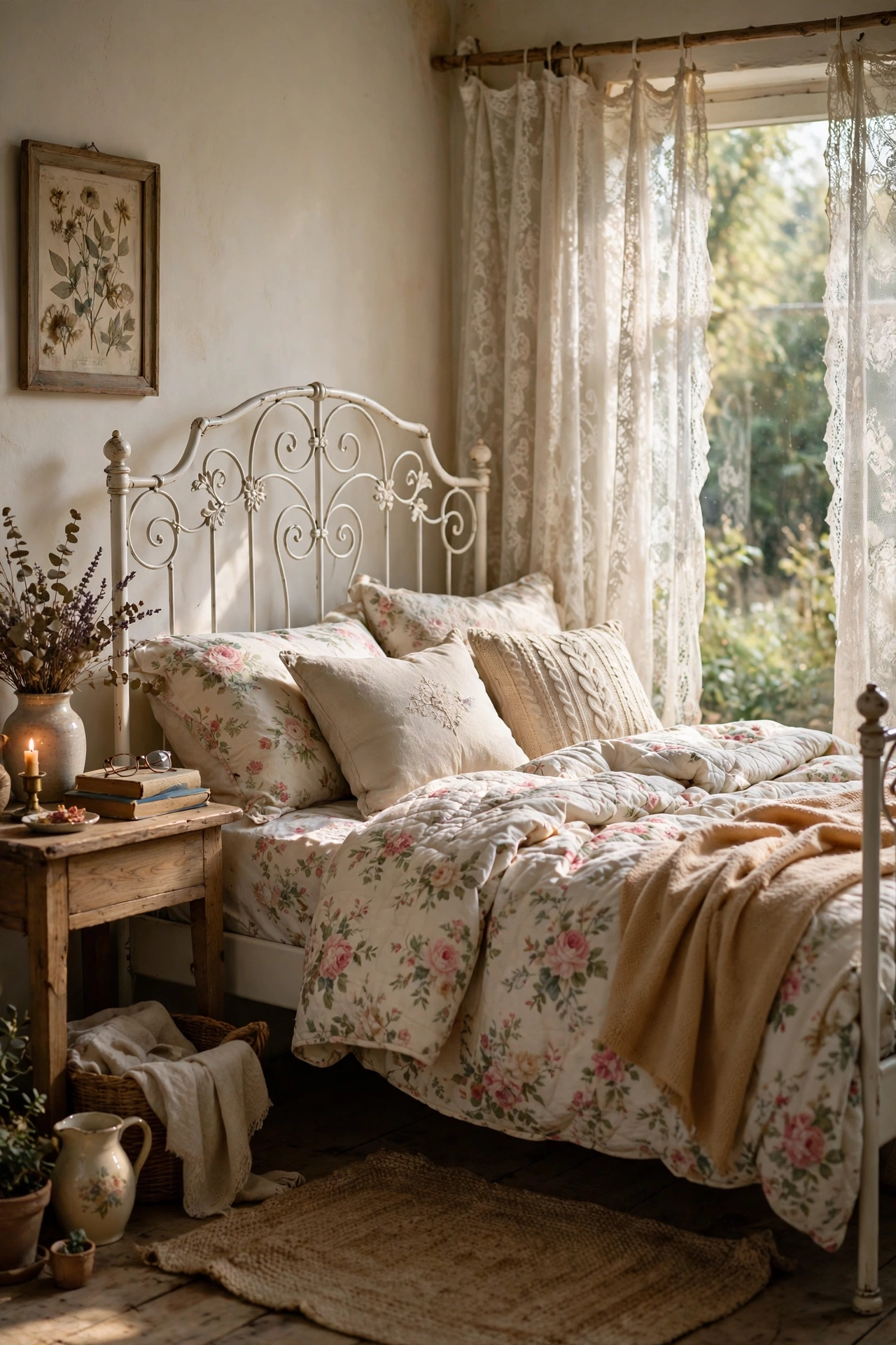 White iron bed frame with scrolled details in a cottagecore bedroom