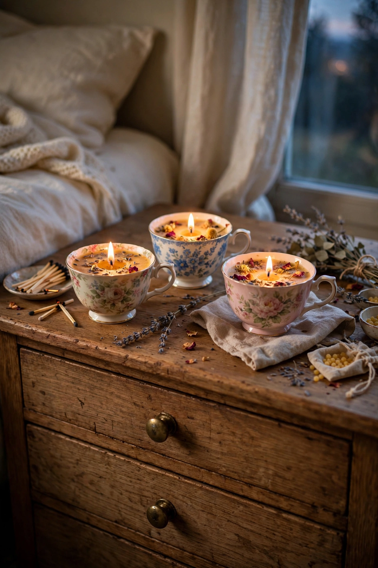 Teacup candles made in thrifted floral teacups on a dresser