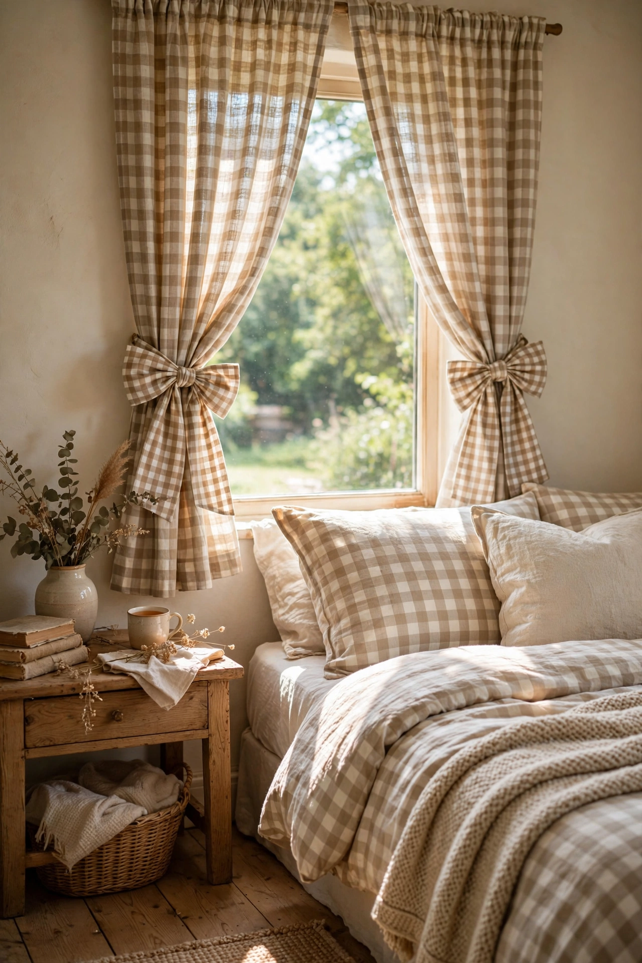 Gingham fabric bows tying back bedroom curtains