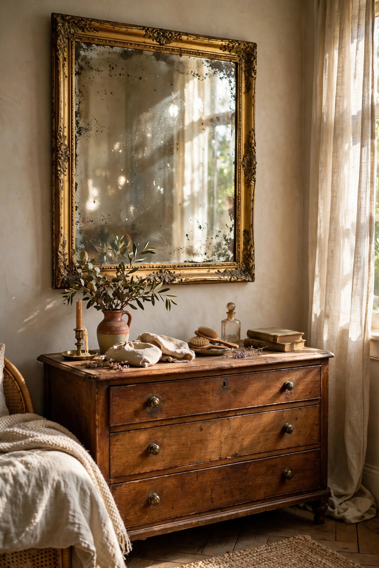 Vintage gold mirror with foxed patina above a bedroom dresser