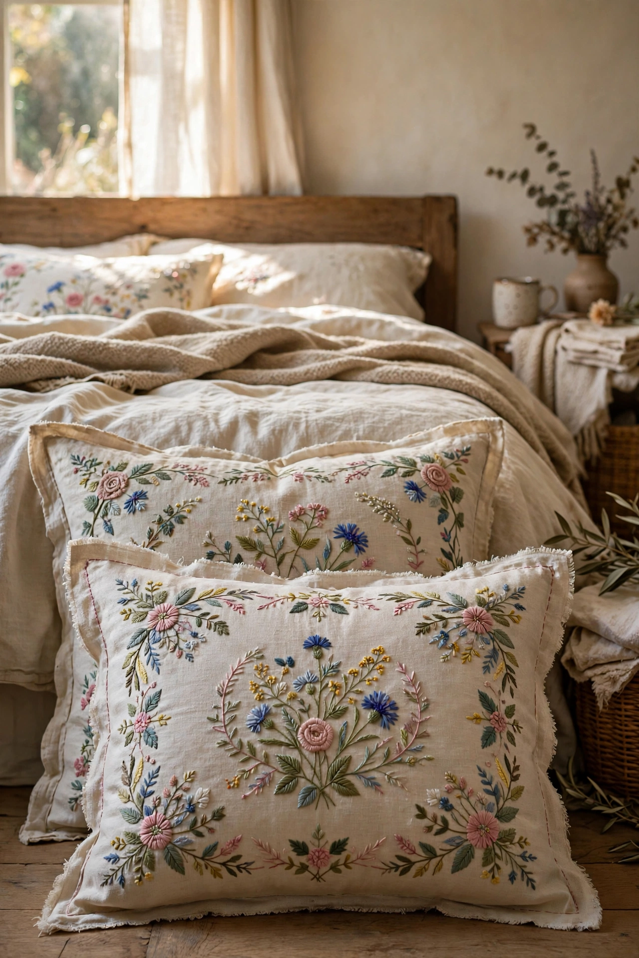 Hand-embroidered floral pillowcases layered on a cottagecore bed