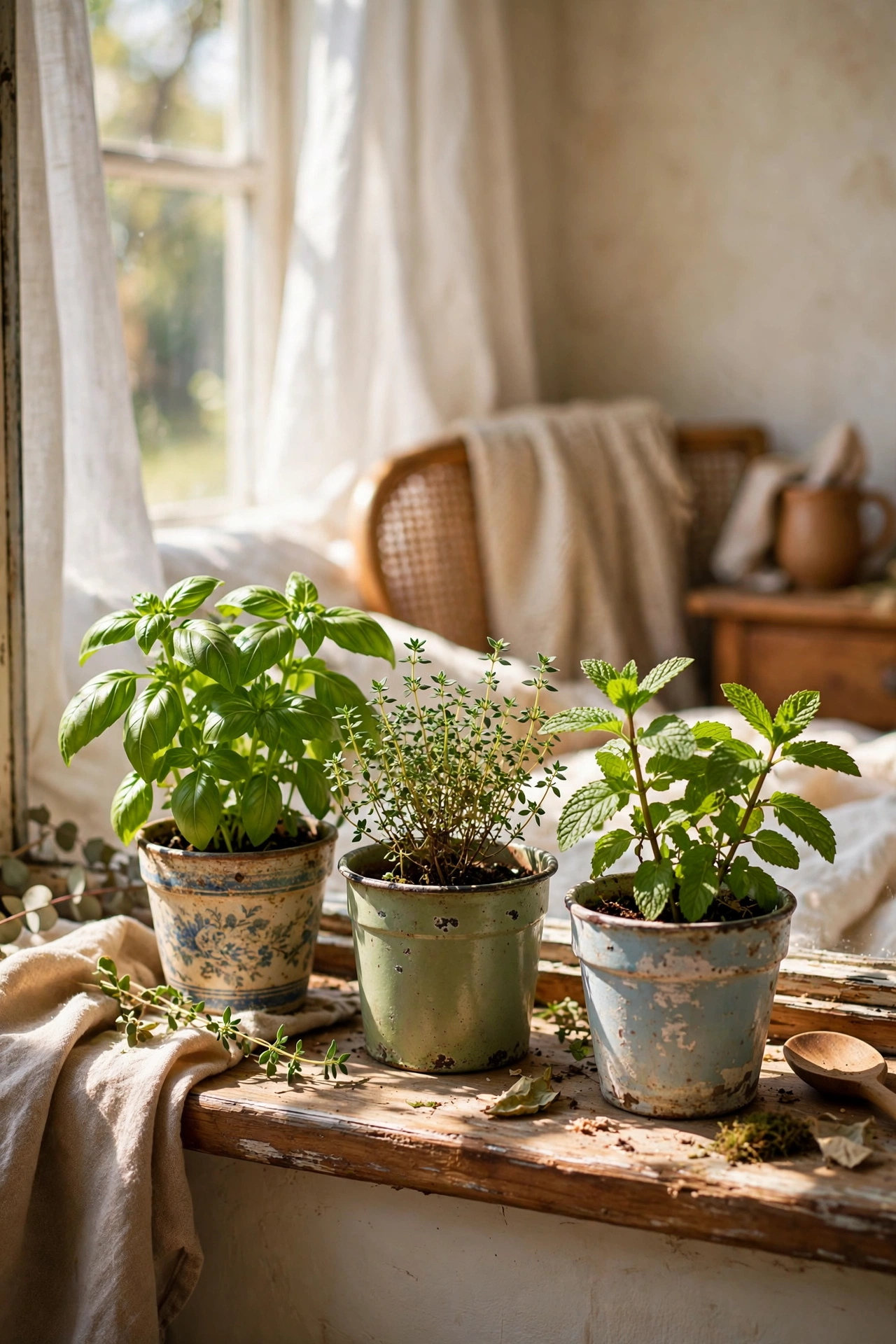 Small herb pots growing on a sunny bedroom windowsill
