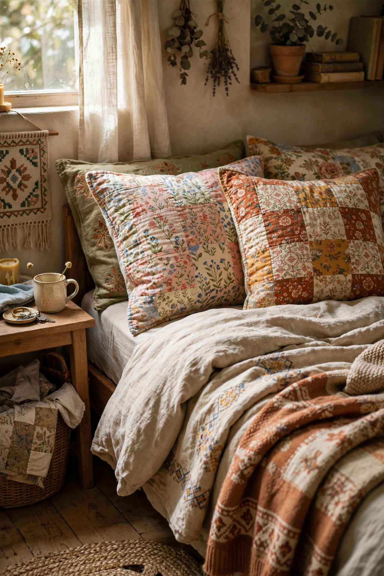 Patchwork floral pillow covers on a cottagecore bed