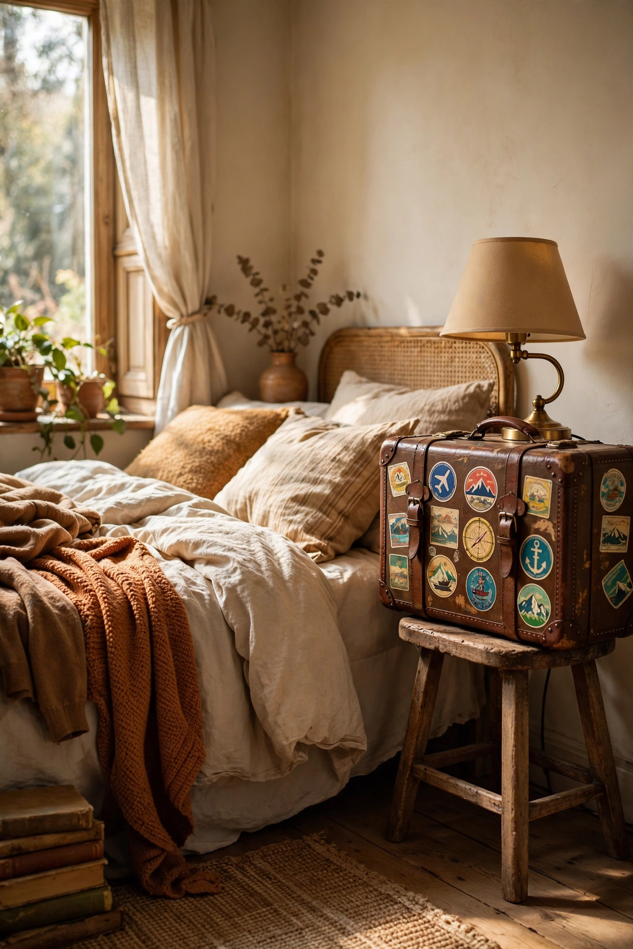 Vintage suitcase with travel stickers as a nightstand