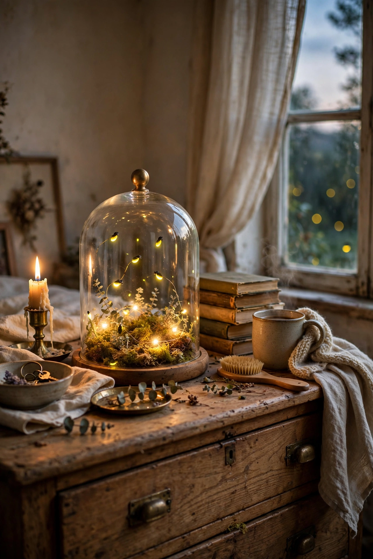 Fairy lights glowing under a glass cloche on a dresser