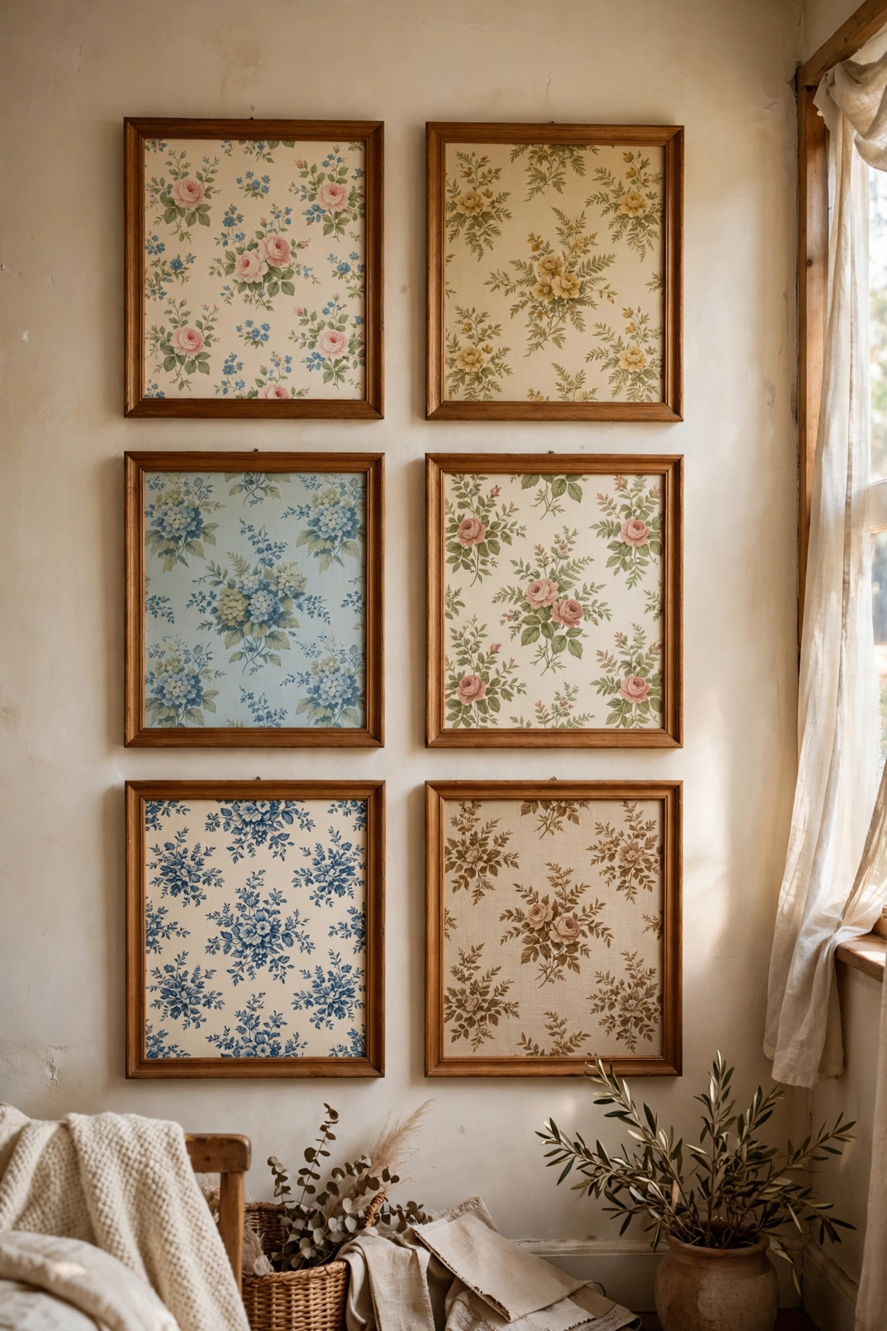 Framed vintage floral wallpaper samples in a grid on a wall