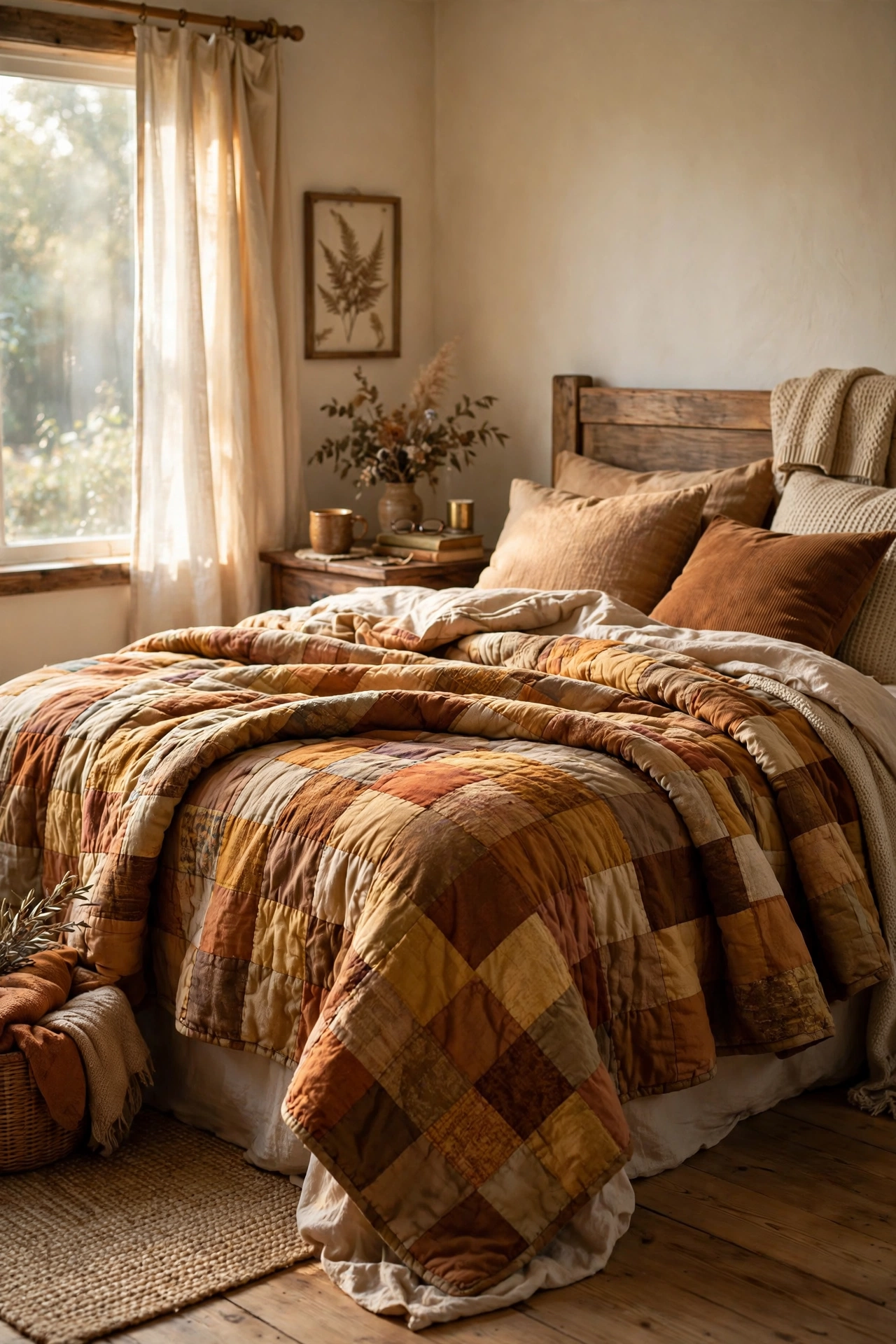 Thrifted handmade-style quilt as the main layer on a cozy bed