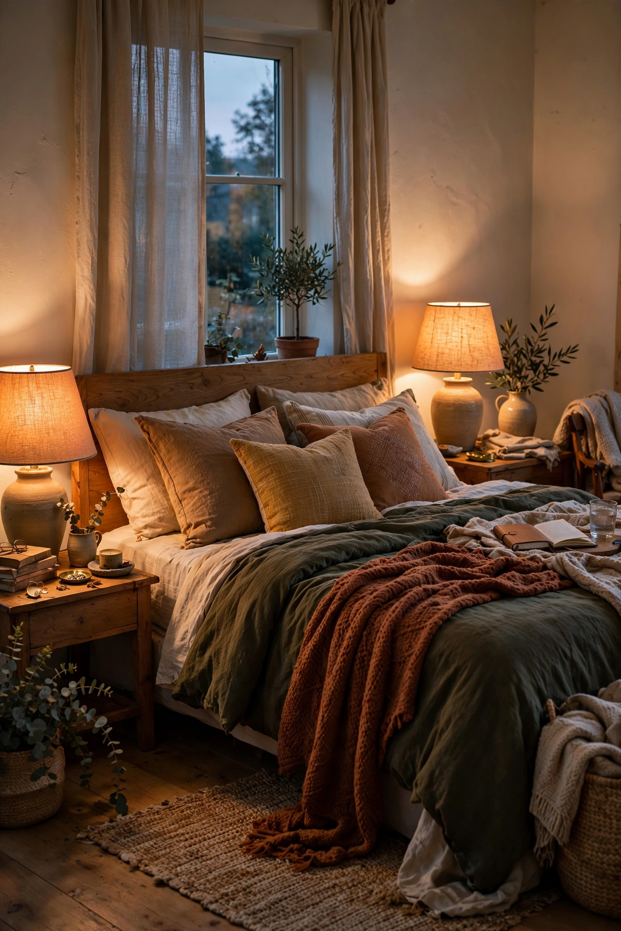 Bedroom glowing with warm 2700K lighting in the evening