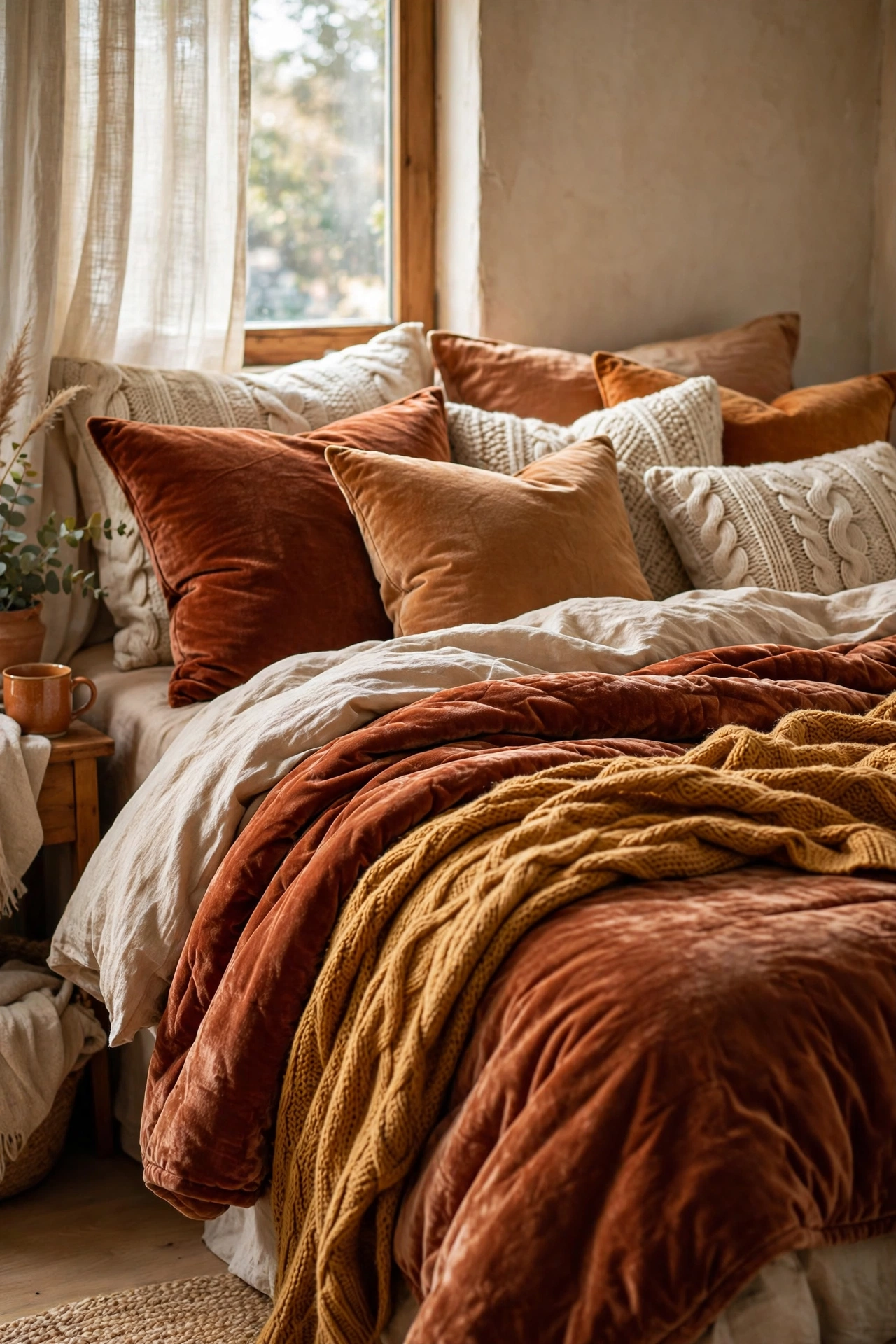 Bed styled with clearance velvet and knit throw pillows