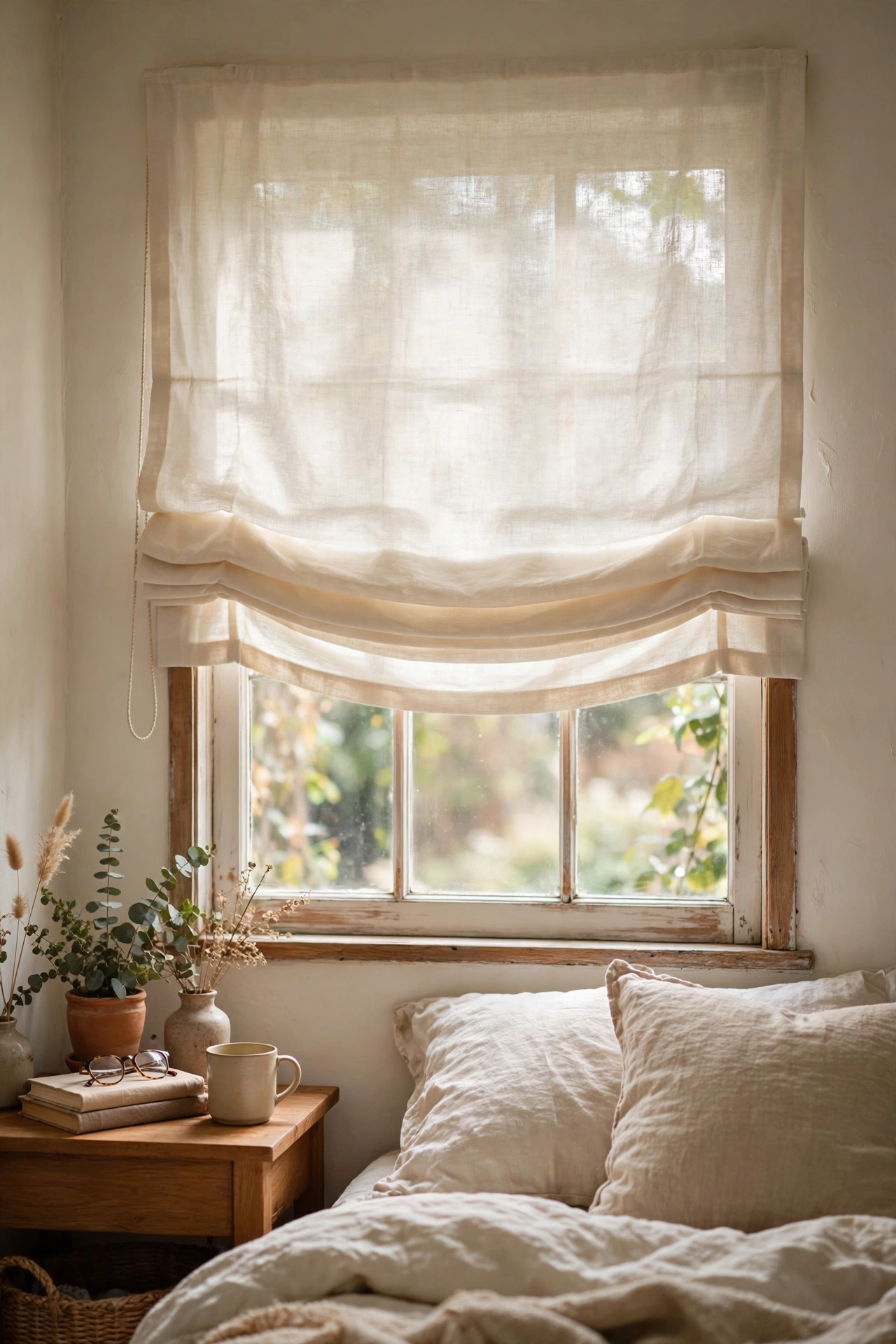 DIY roman shade made from a flat sheet on a bedroom window