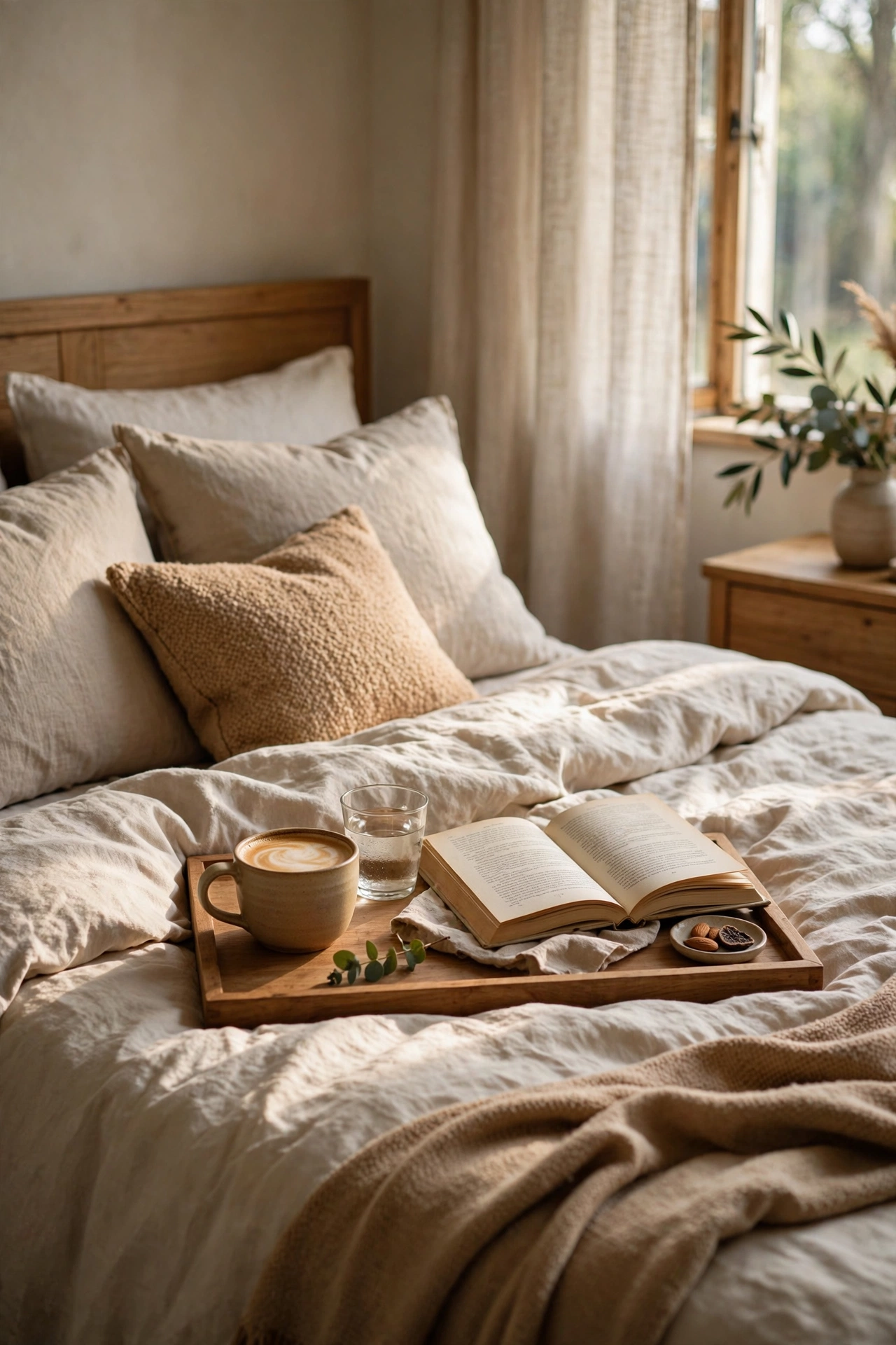 Wooden breakfast tray with coffee and a book on a bed