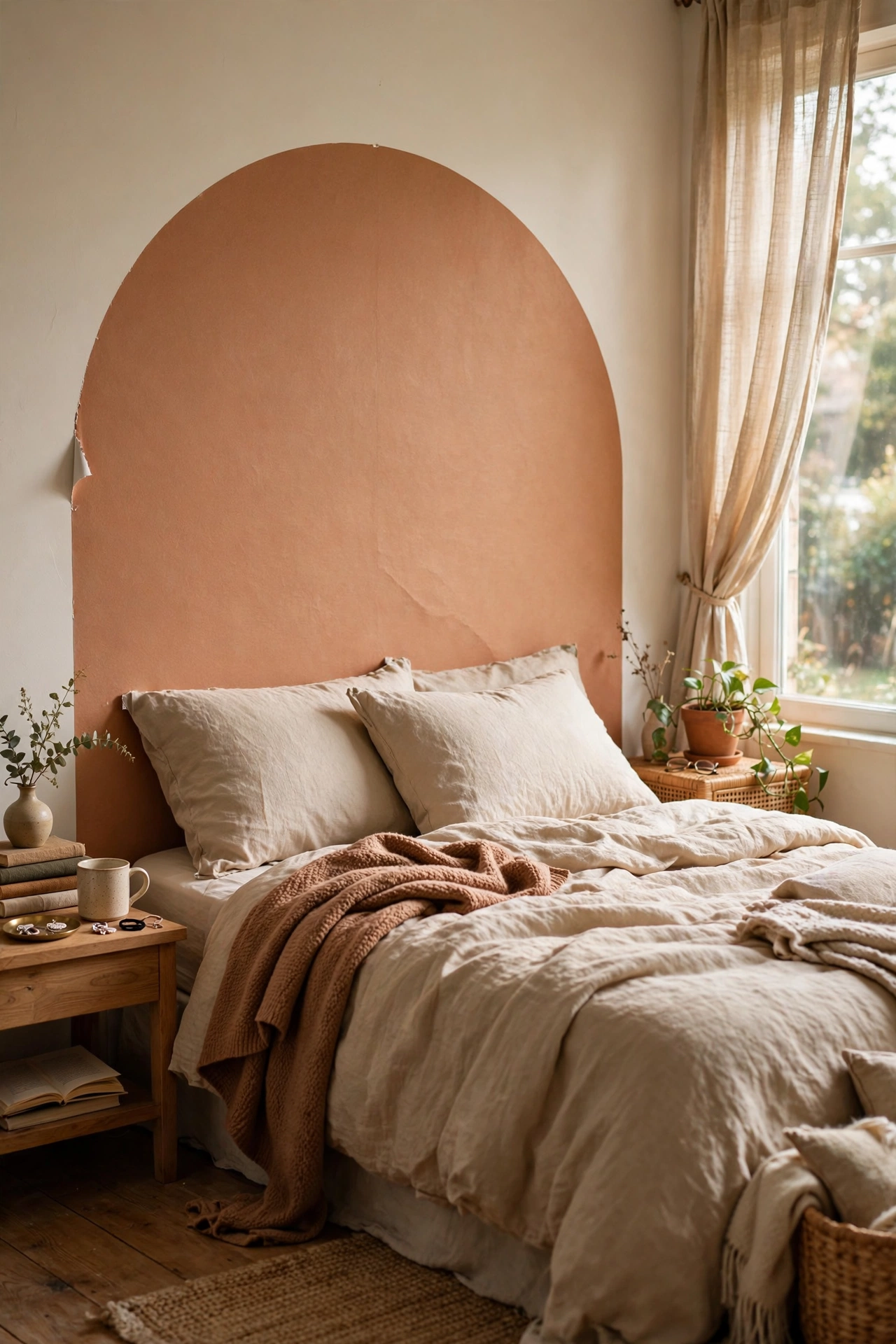 Peel-and-stick arched headboard decal framing a bed