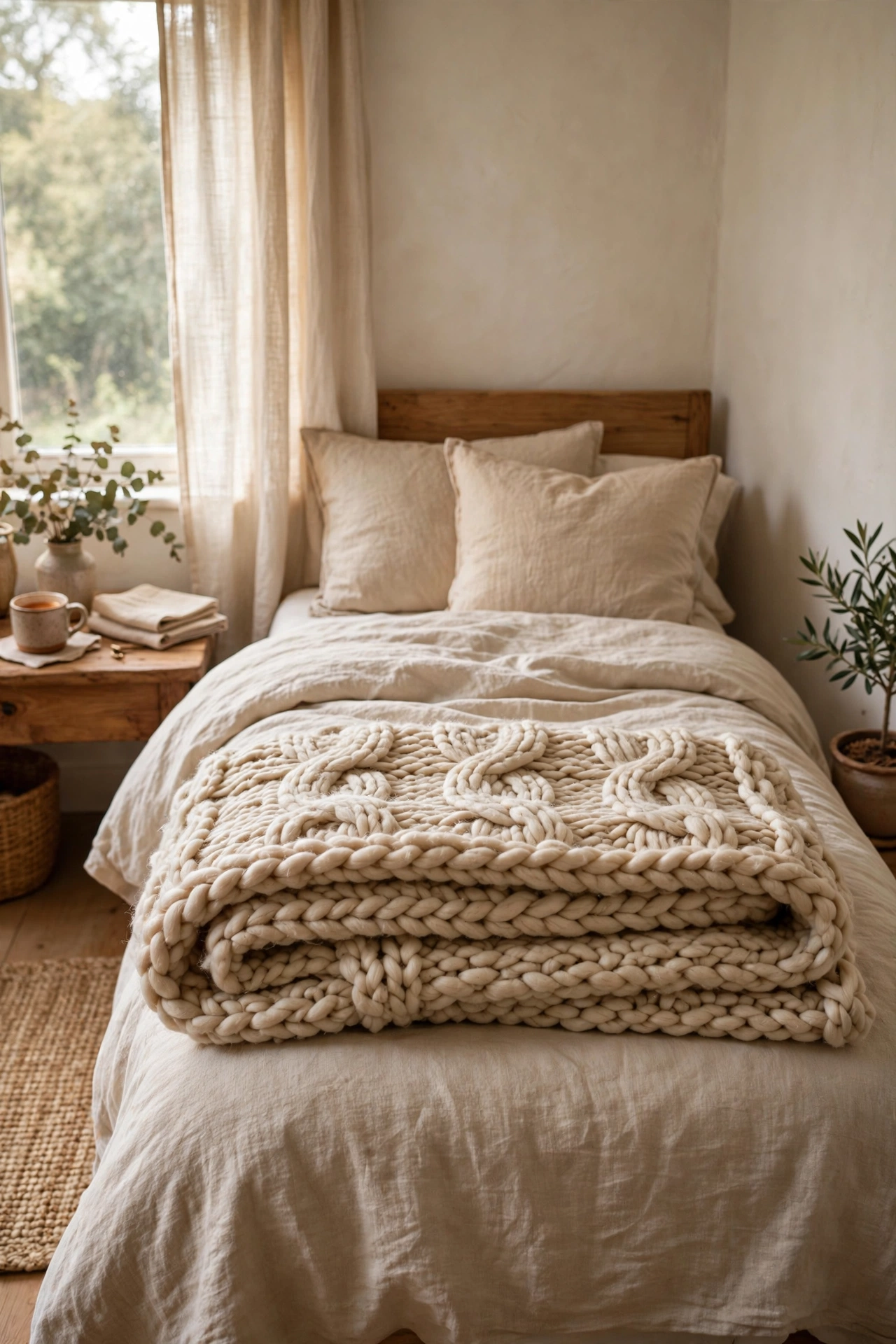 Chunky knit throw folded at the foot of a cozy bed