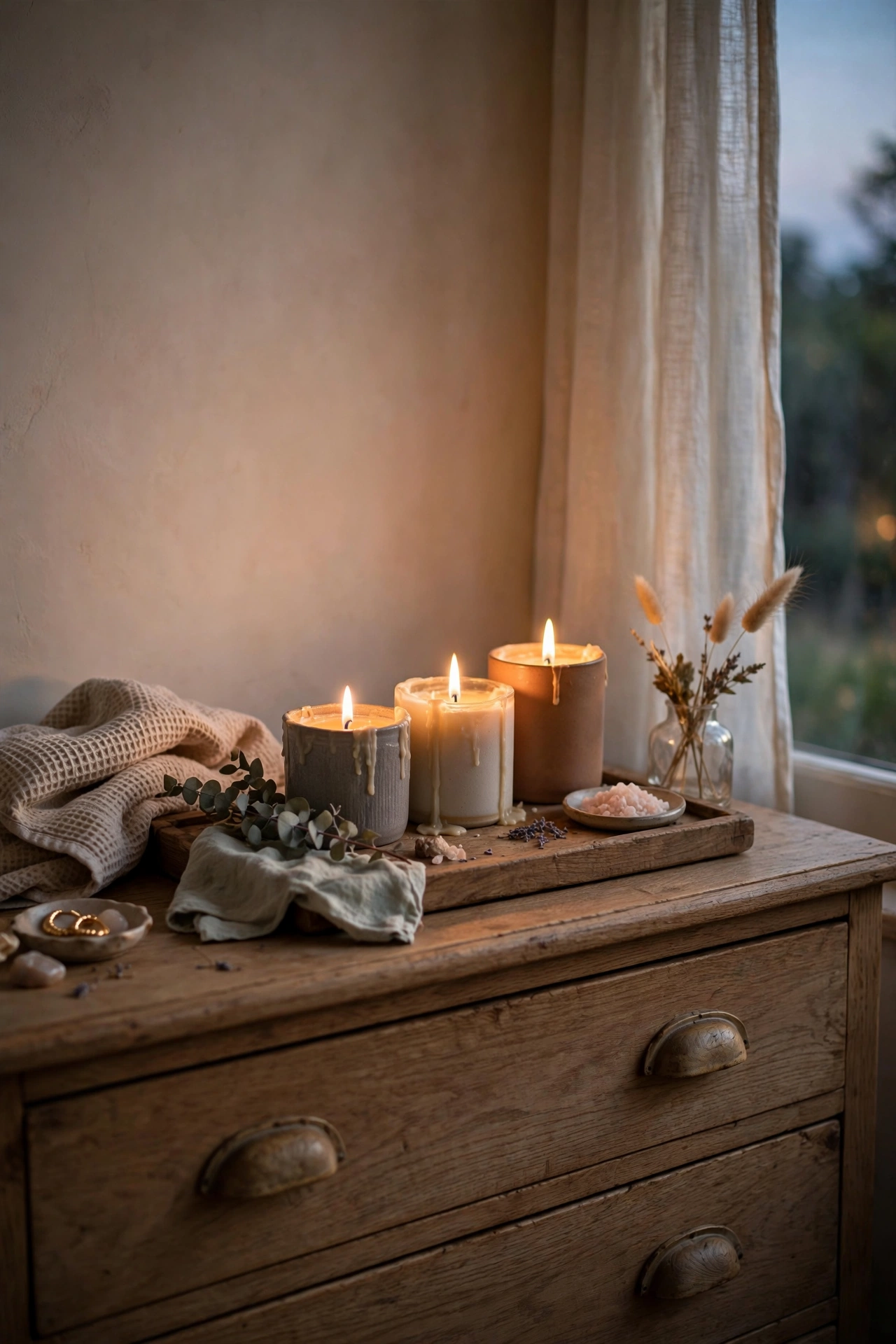 Trio of scented candles in vanilla, sandalwood and linen on a tray