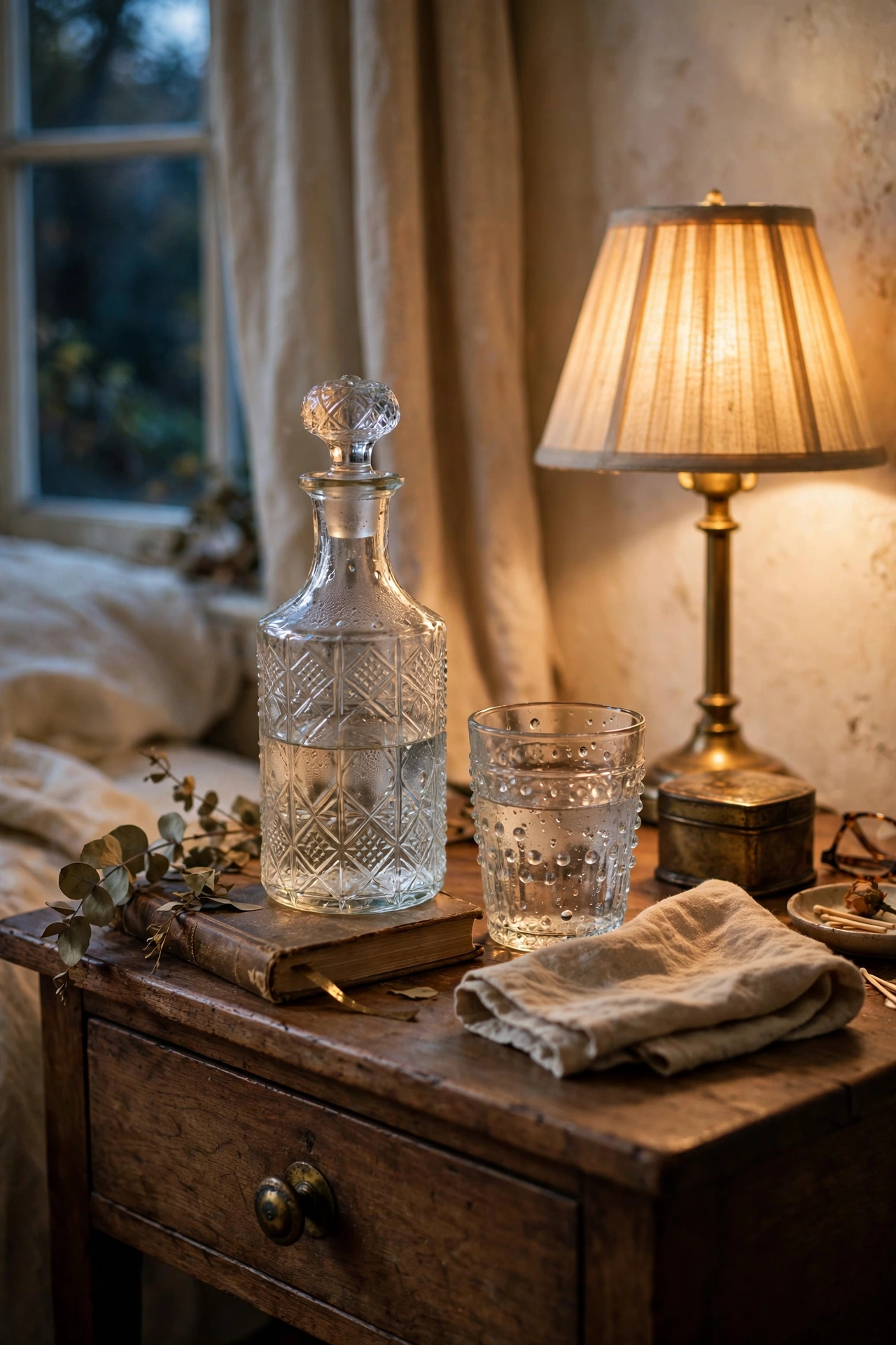Vintage glass carafe and tumbler set on a bedroom nightstand