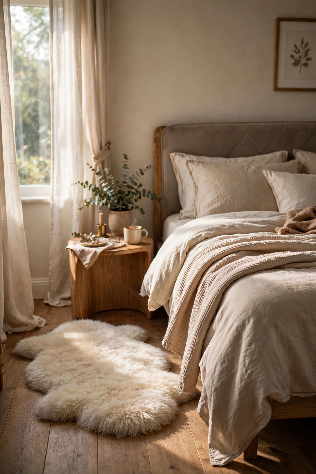 Faux fur rug placed where feet land beside a bed