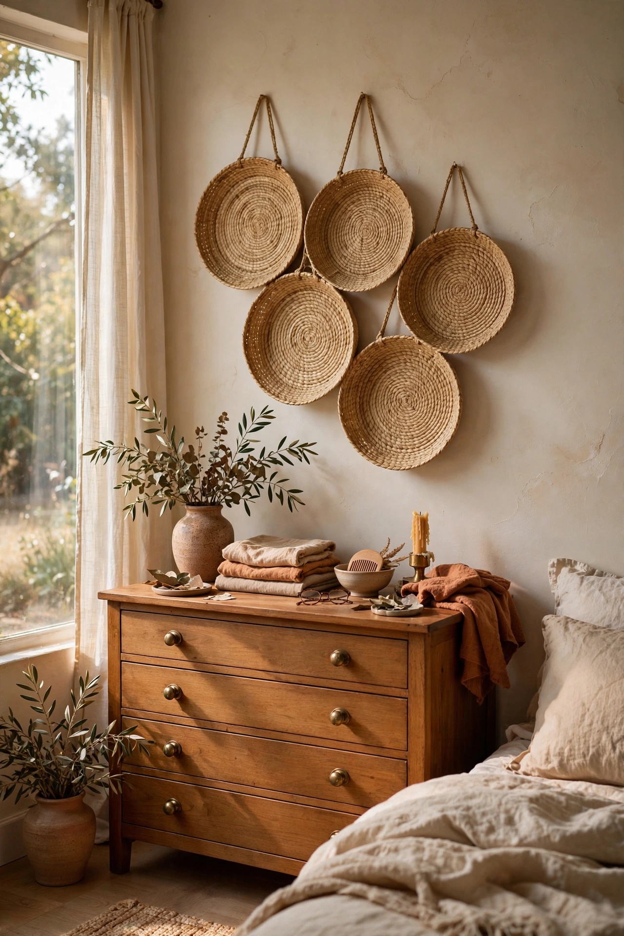 Organic cluster of flat woven baskets above a bedroom dresser