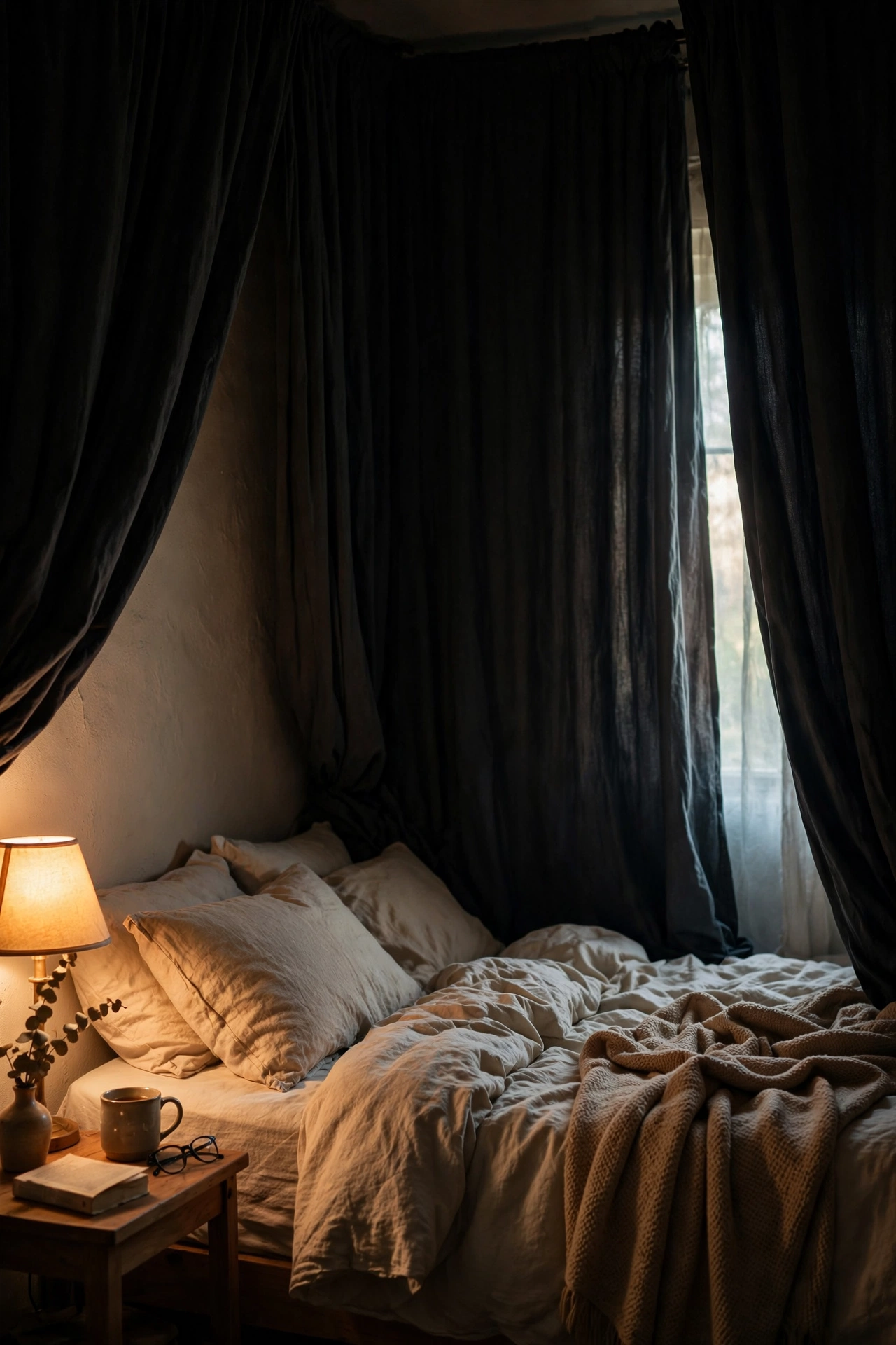 Blackout curtain panels hung high creating a dark cozy bedroom
