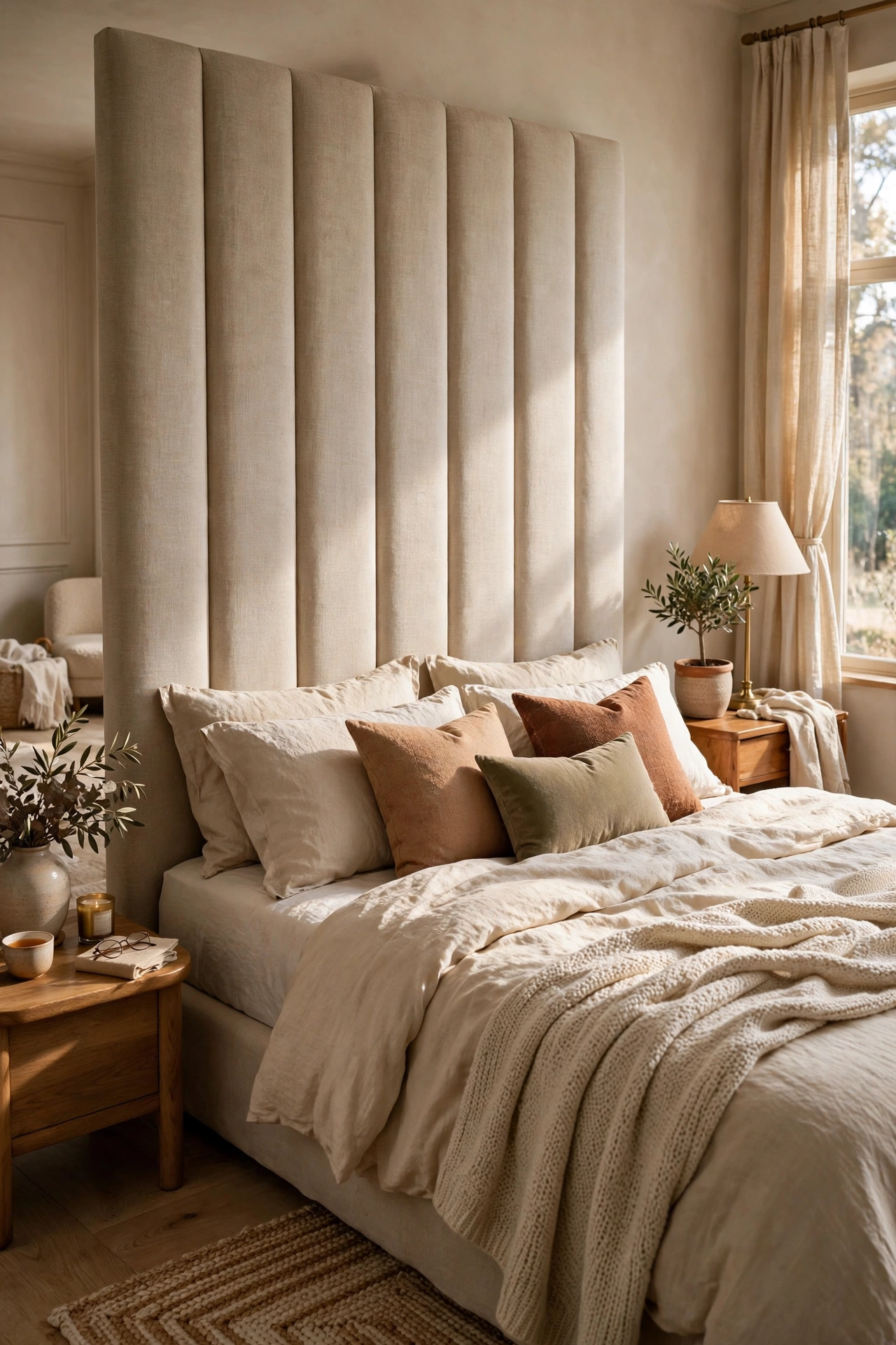 DIY tall upholstered headboard in neutral fabric behind a bed