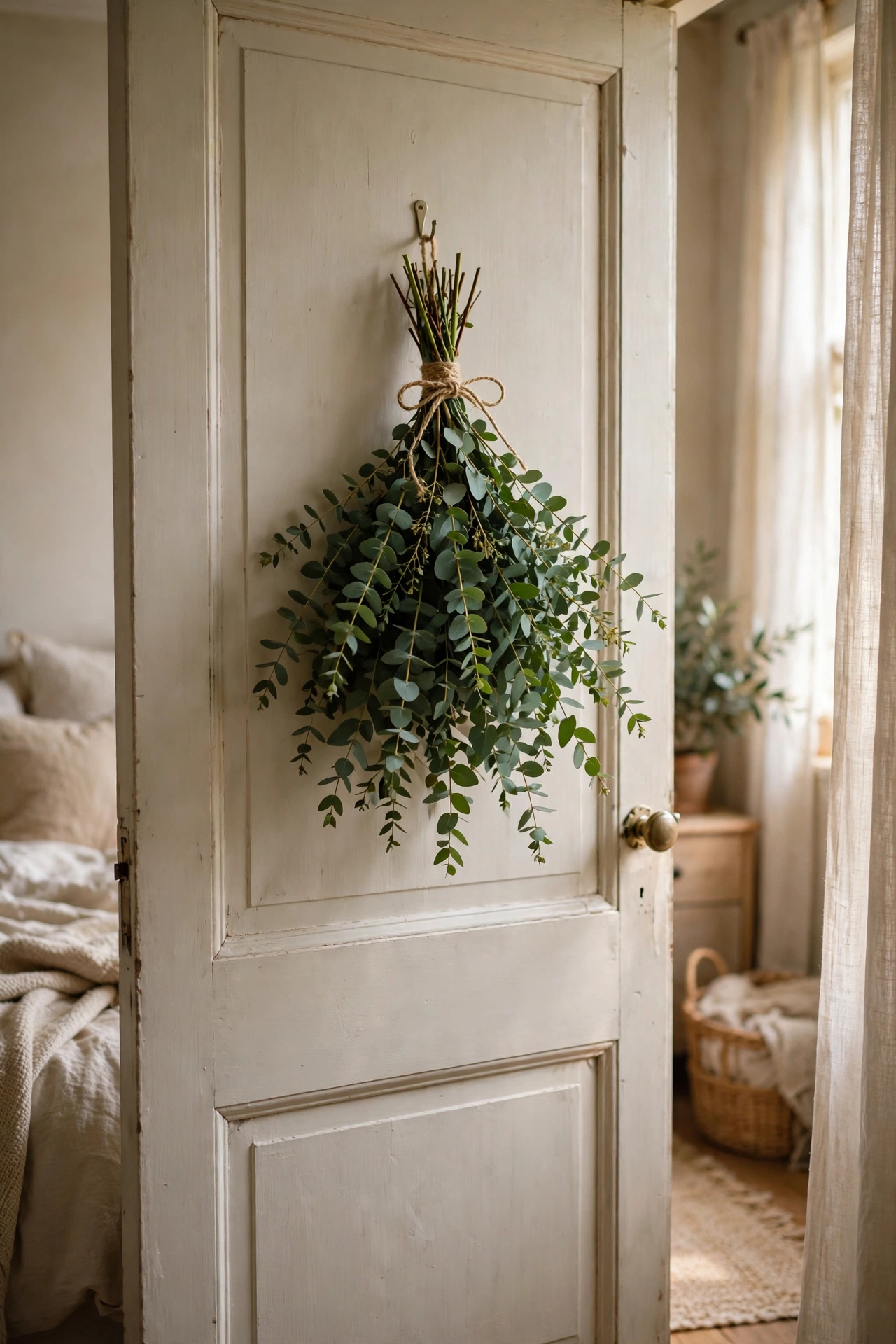 Eucalyptus bundle hanging from a hook on a bedroom door