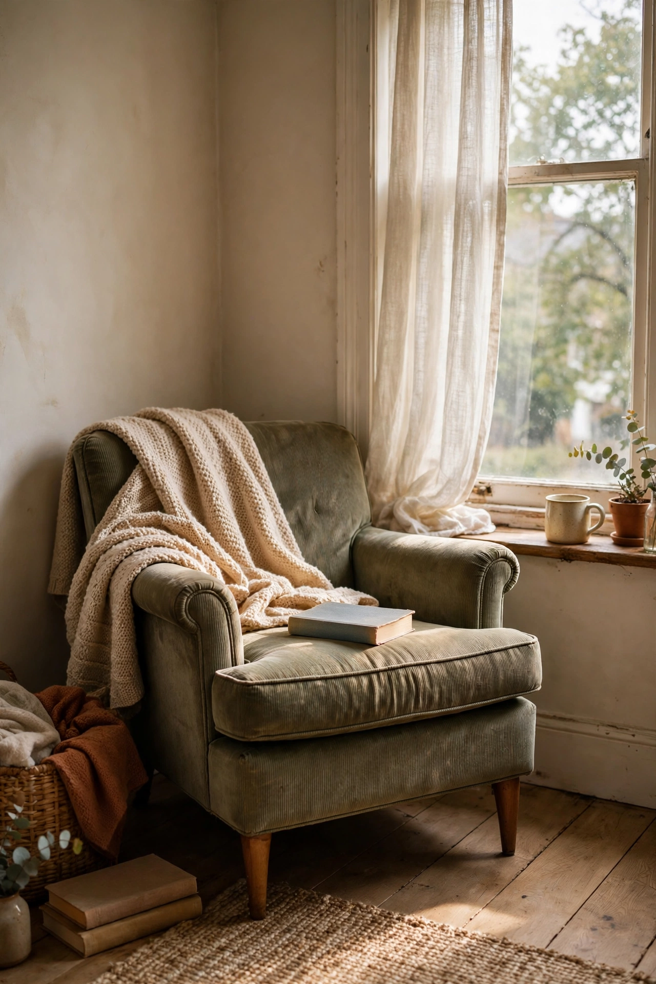 Thrifted armchair with a throw forming a reading corner by a window