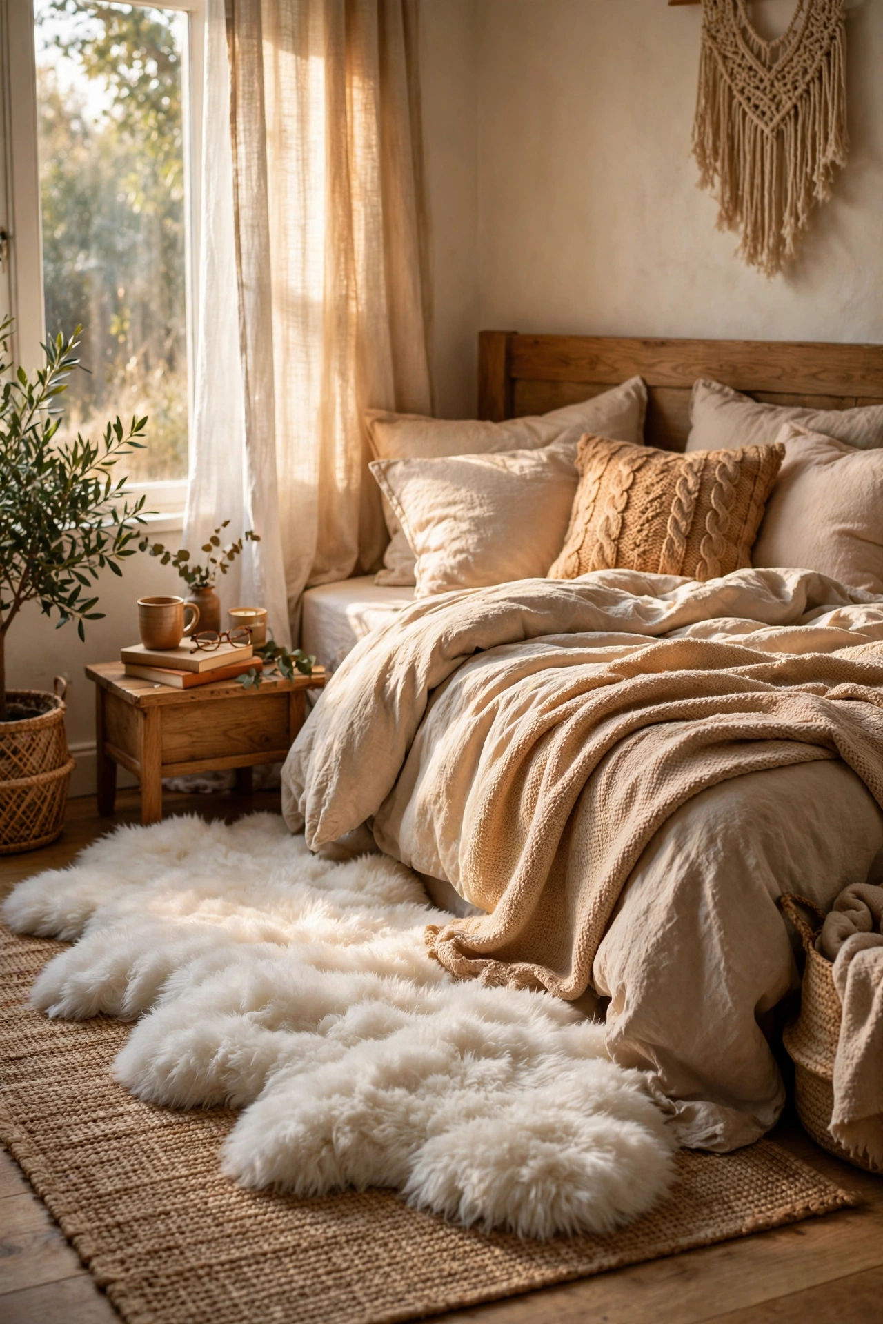 Small faux fur rug layered over a larger flat rug beside a bed