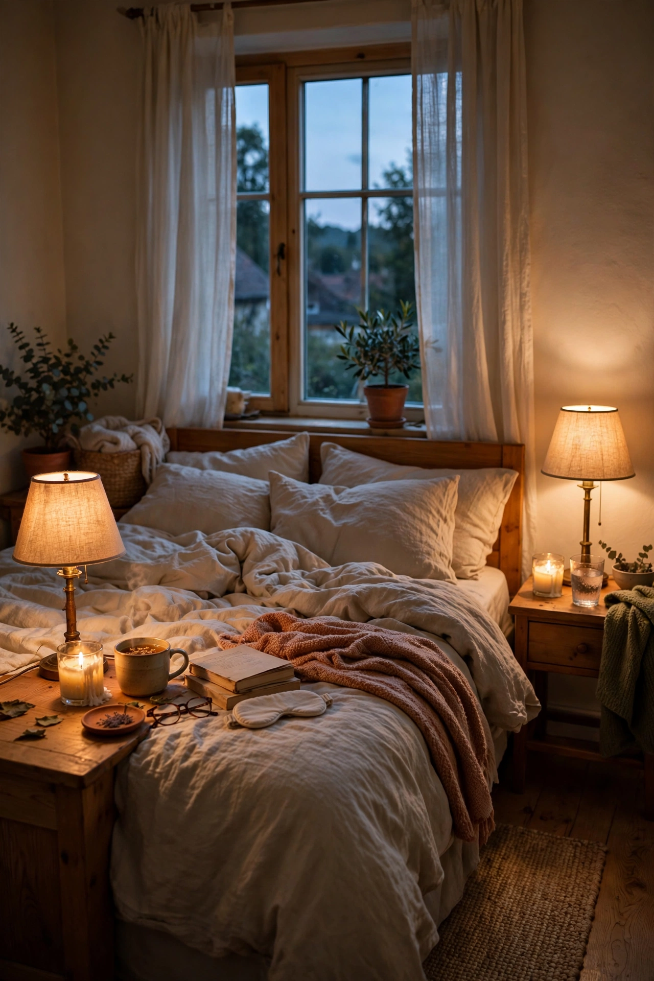 Bedside lamp glowing low on a plug-in dimmer in the evening