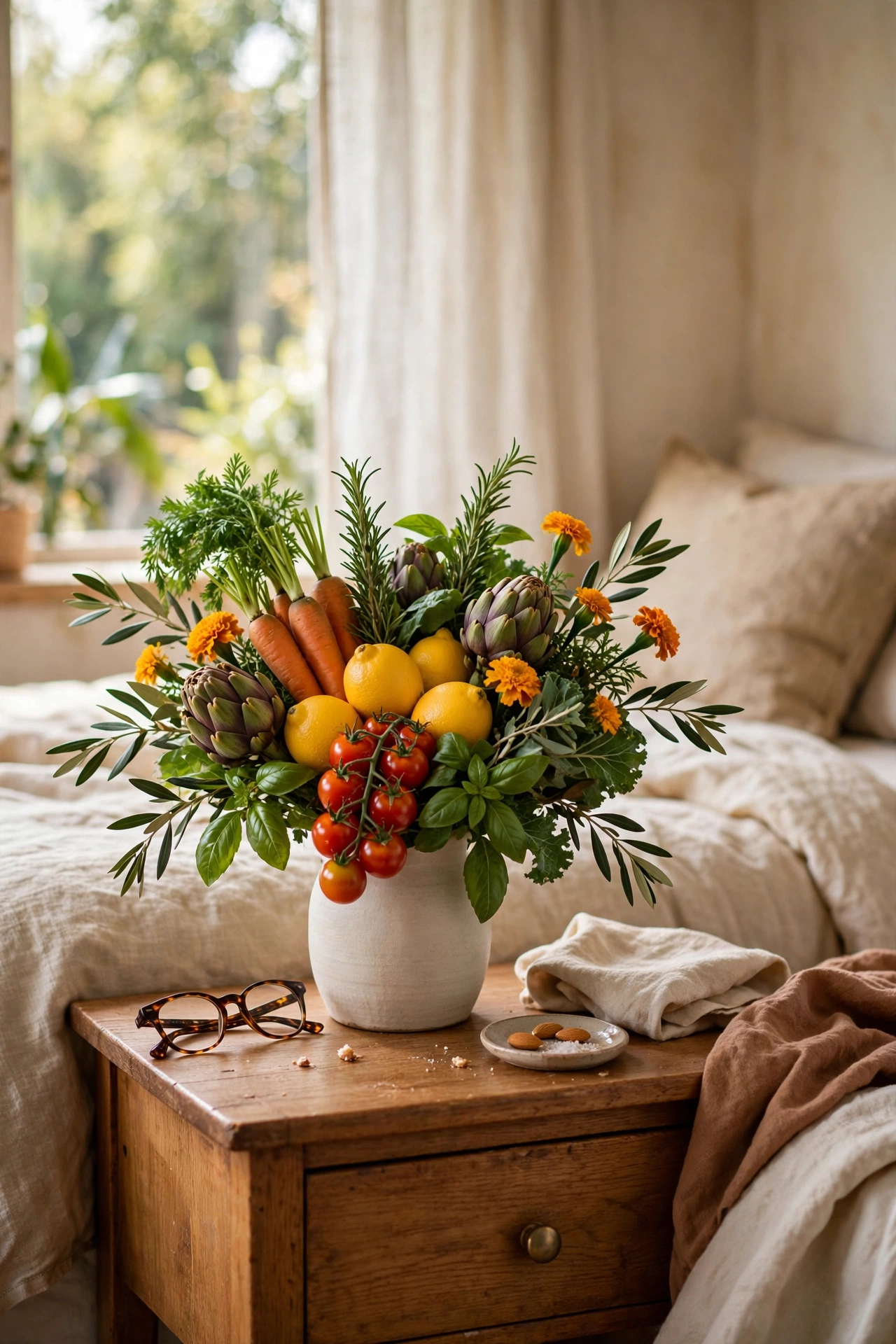 Fresh weekly grocery bouquet in a vase on a nightstand