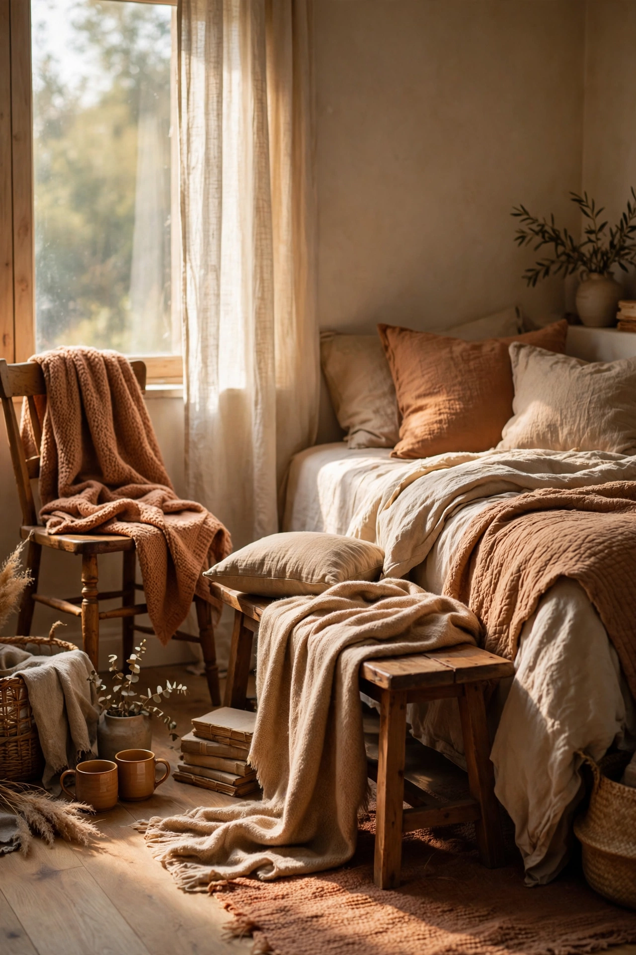 Soft throws draped on every seat in a cozy bedroom