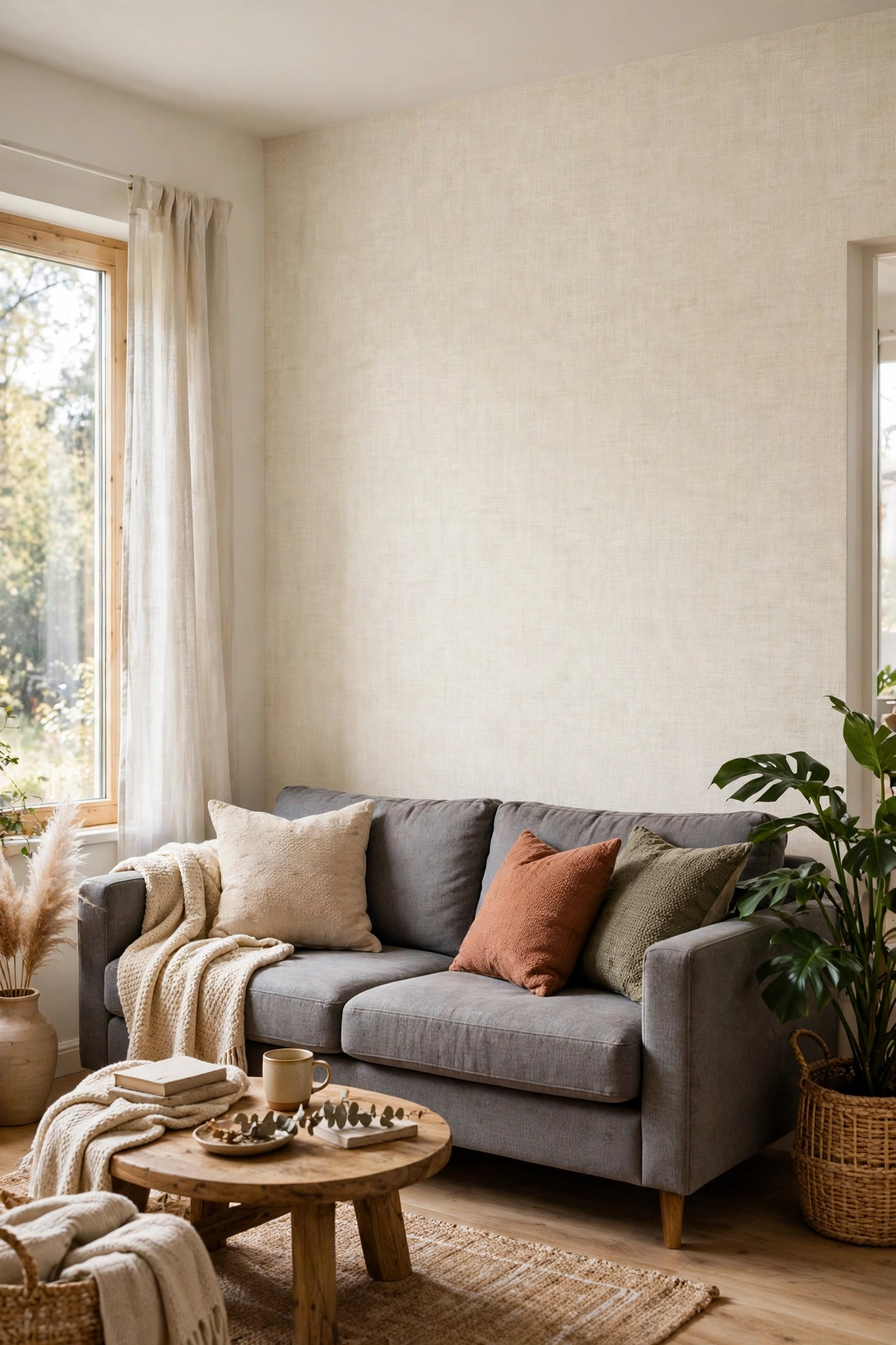 Renter friendly living room accent wall with peel and stick linen wallpaper behind a gray sofa
