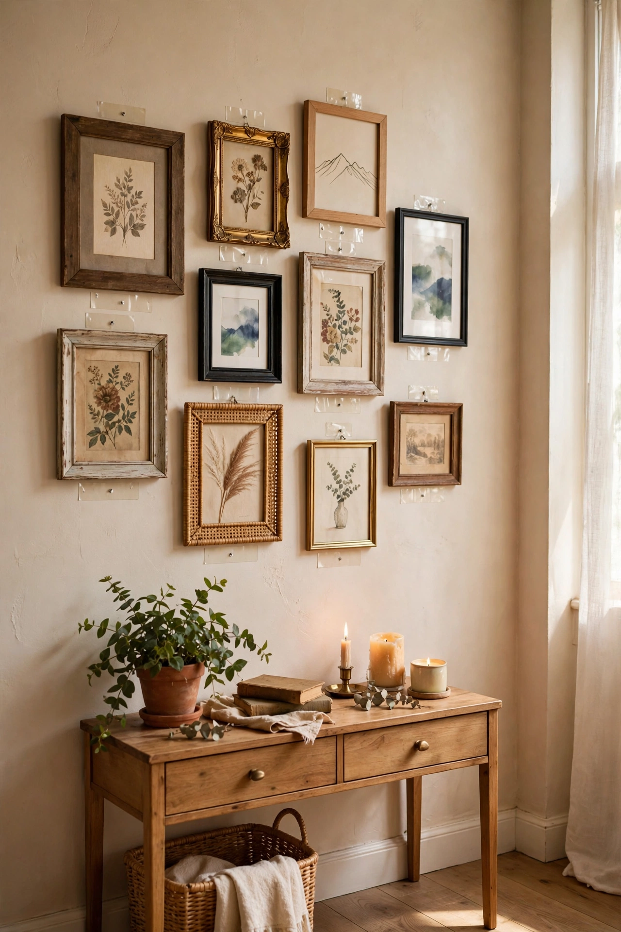 Renter friendly living room gallery wall hung with Command strips and thrifted picture frames