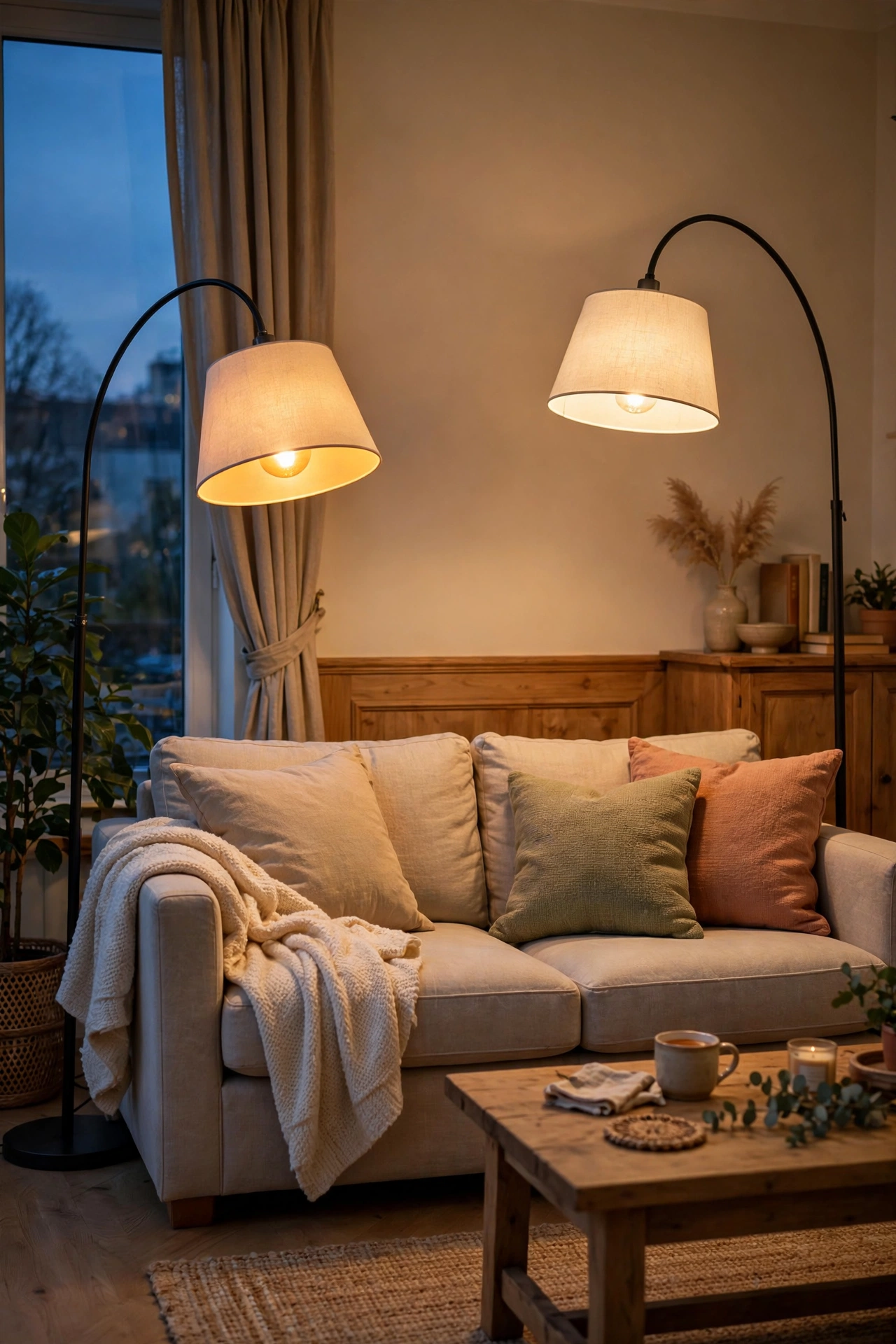 Renter friendly living room lighting with two floor lamps flanking a sofa casting warm light