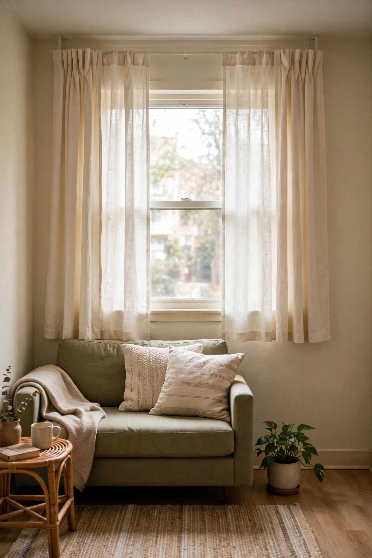 Renter friendly living room window with tension rod curtains hung high and wide, no drilling
