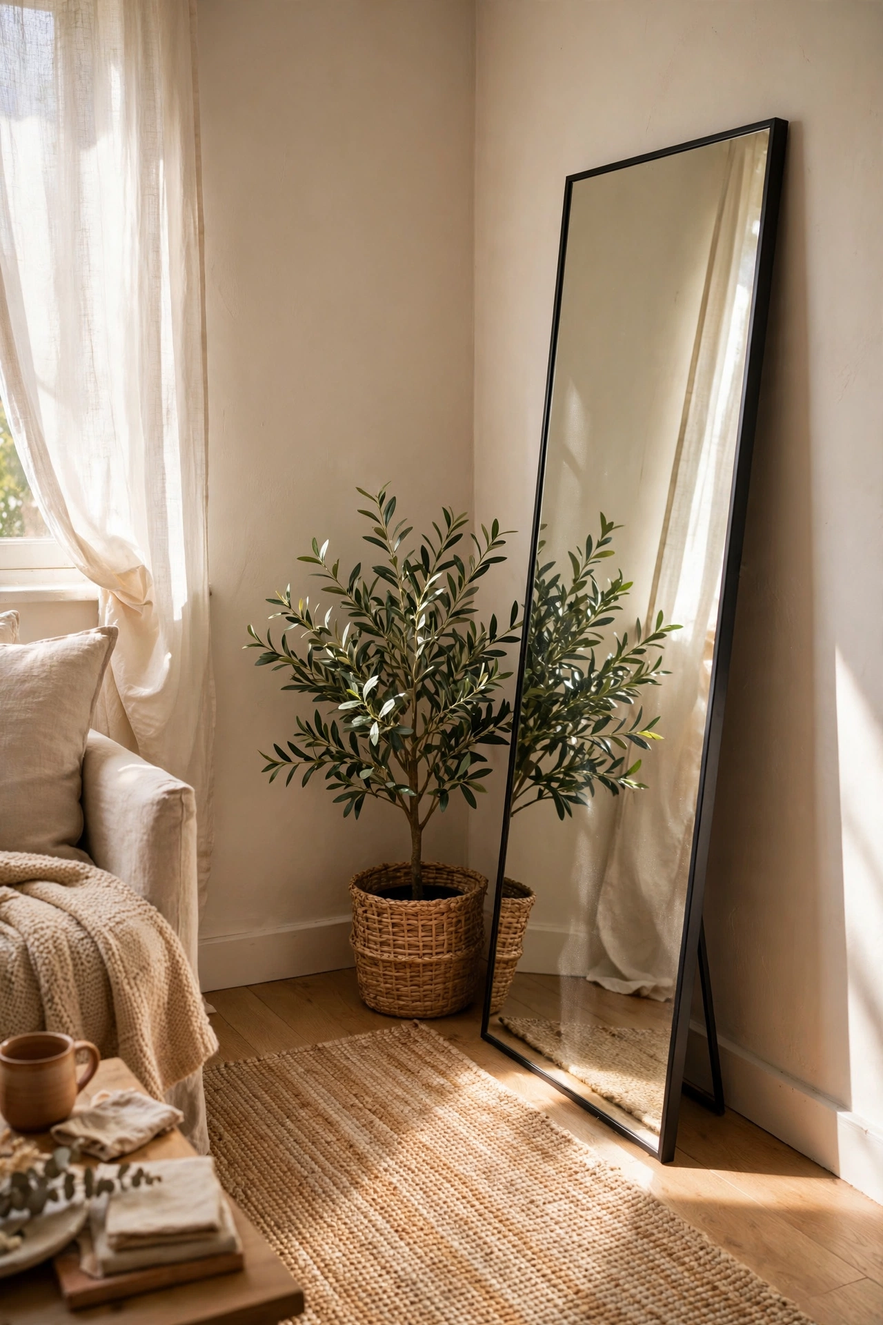 Renter friendly living room corner with oversized mirror leaning against the wall beside a plant