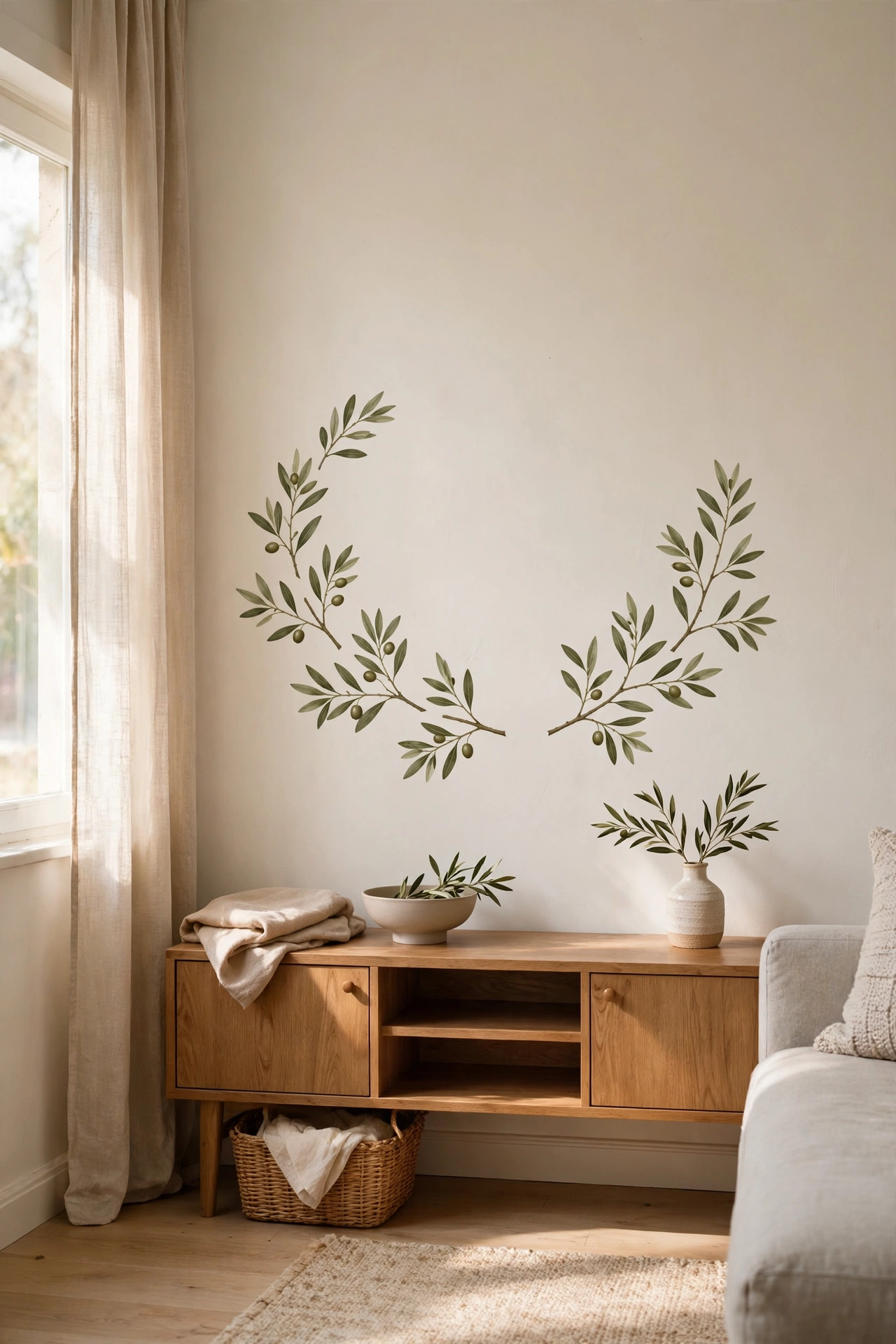 Renter friendly living room with olive branch removable wall decals above a TV console