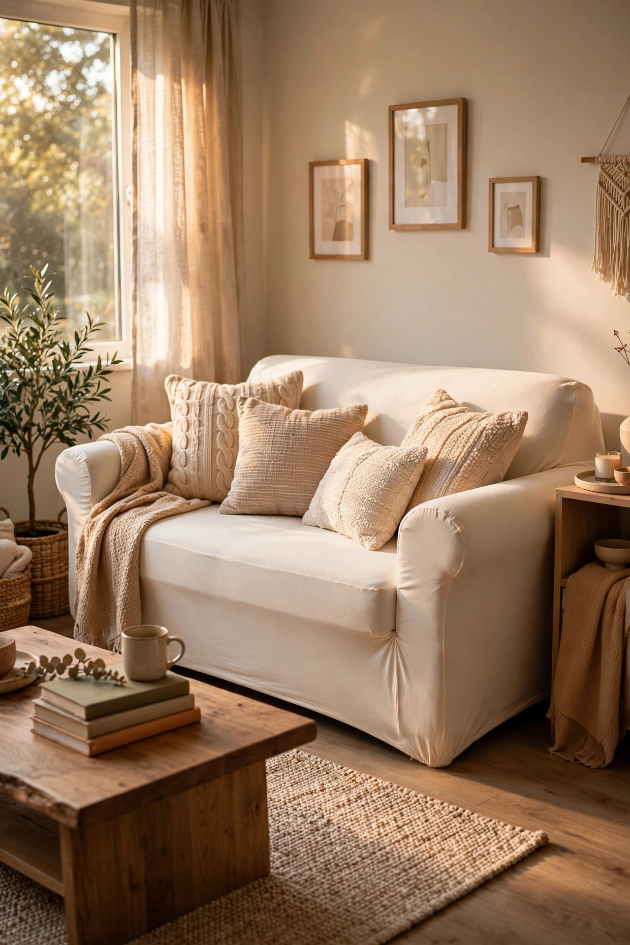 Renter friendly living room sofa transformed with an ivory stretch slipcover