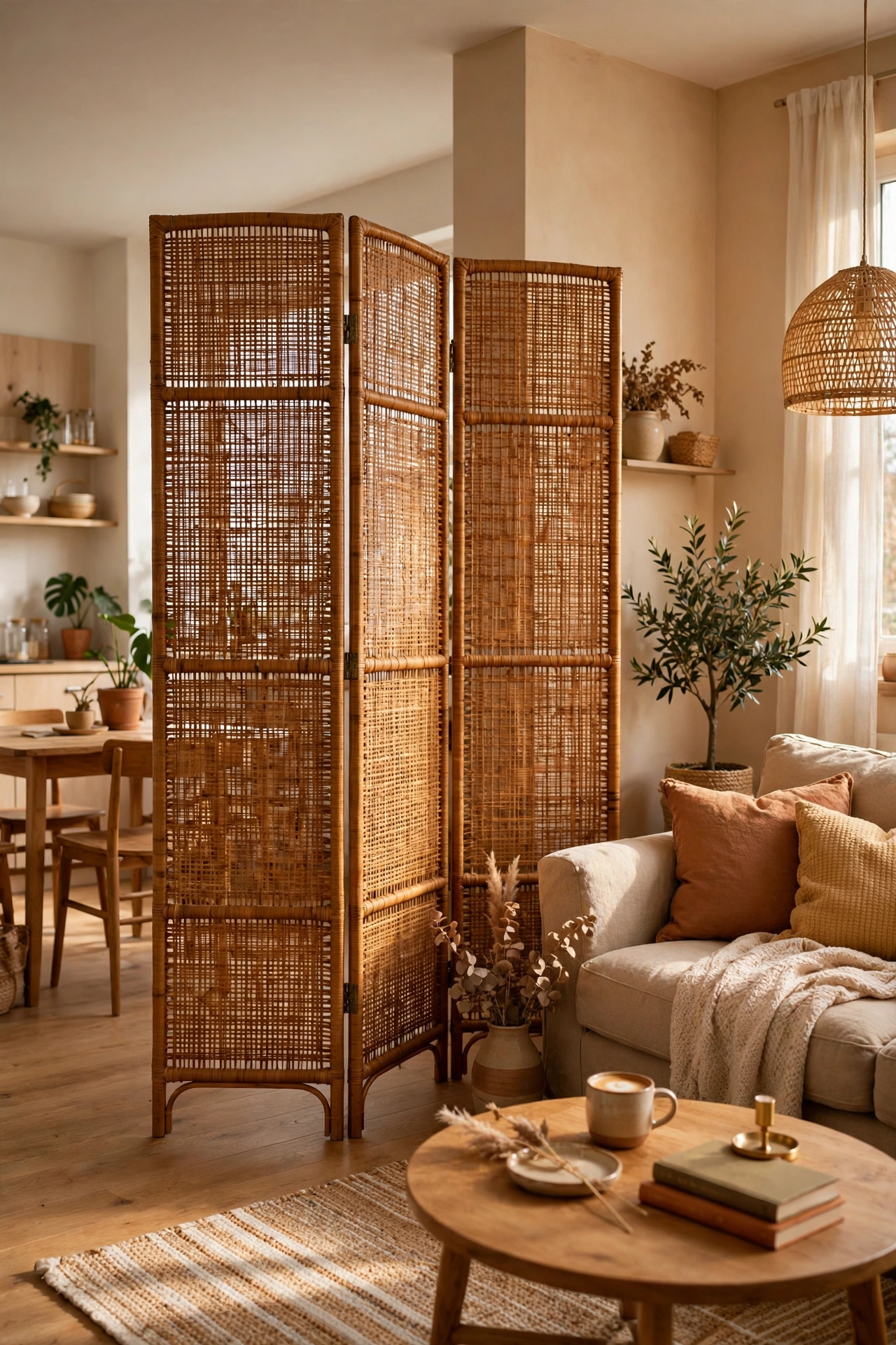 Renter friendly living room zoned with a folding rattan room divider screen, zero damage
