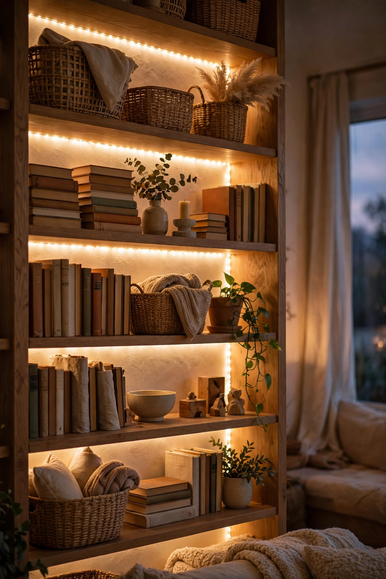 Renter friendly living room bookshelf glowing with warm adhesive LED strip backlighting